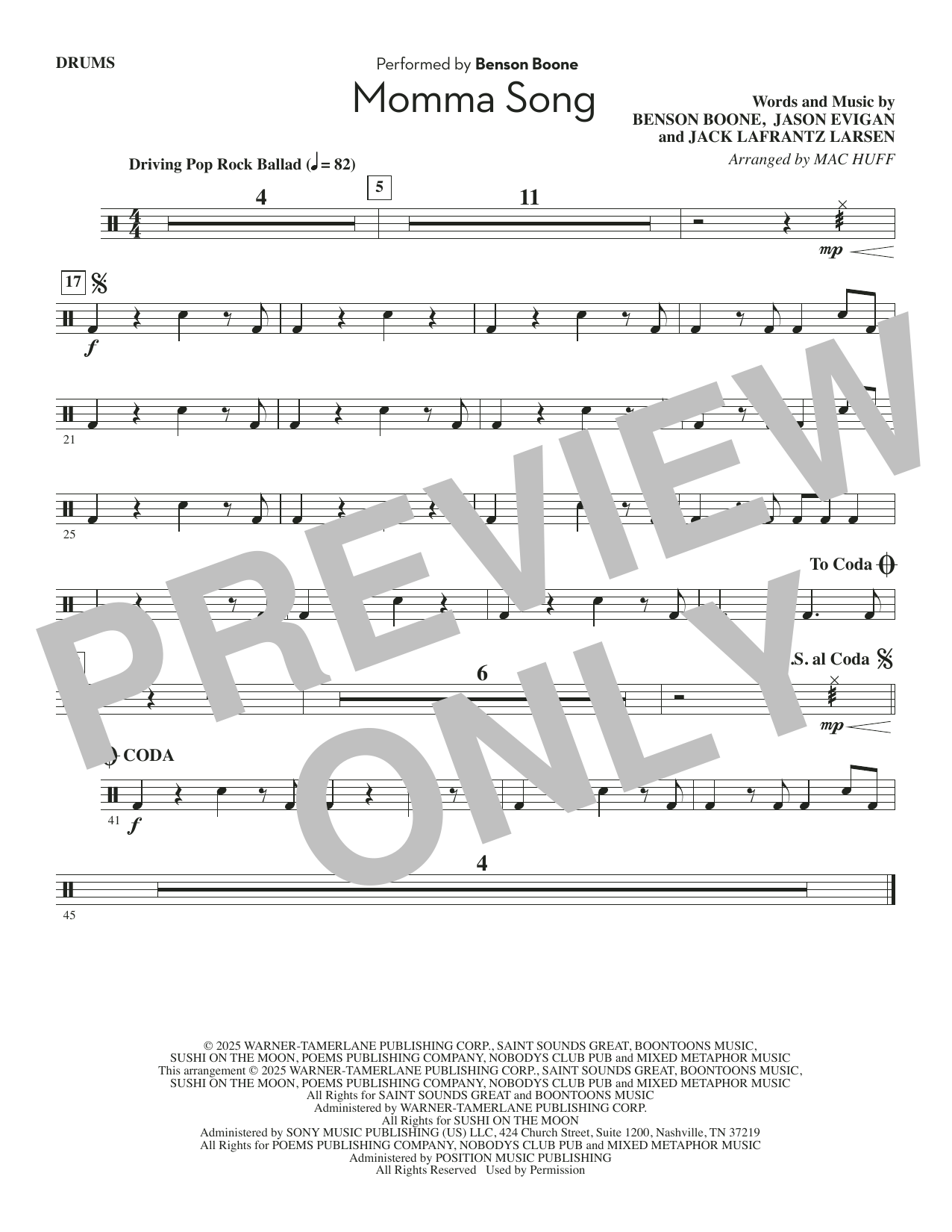 Momma Song (arr. Mac Huff) - Drums