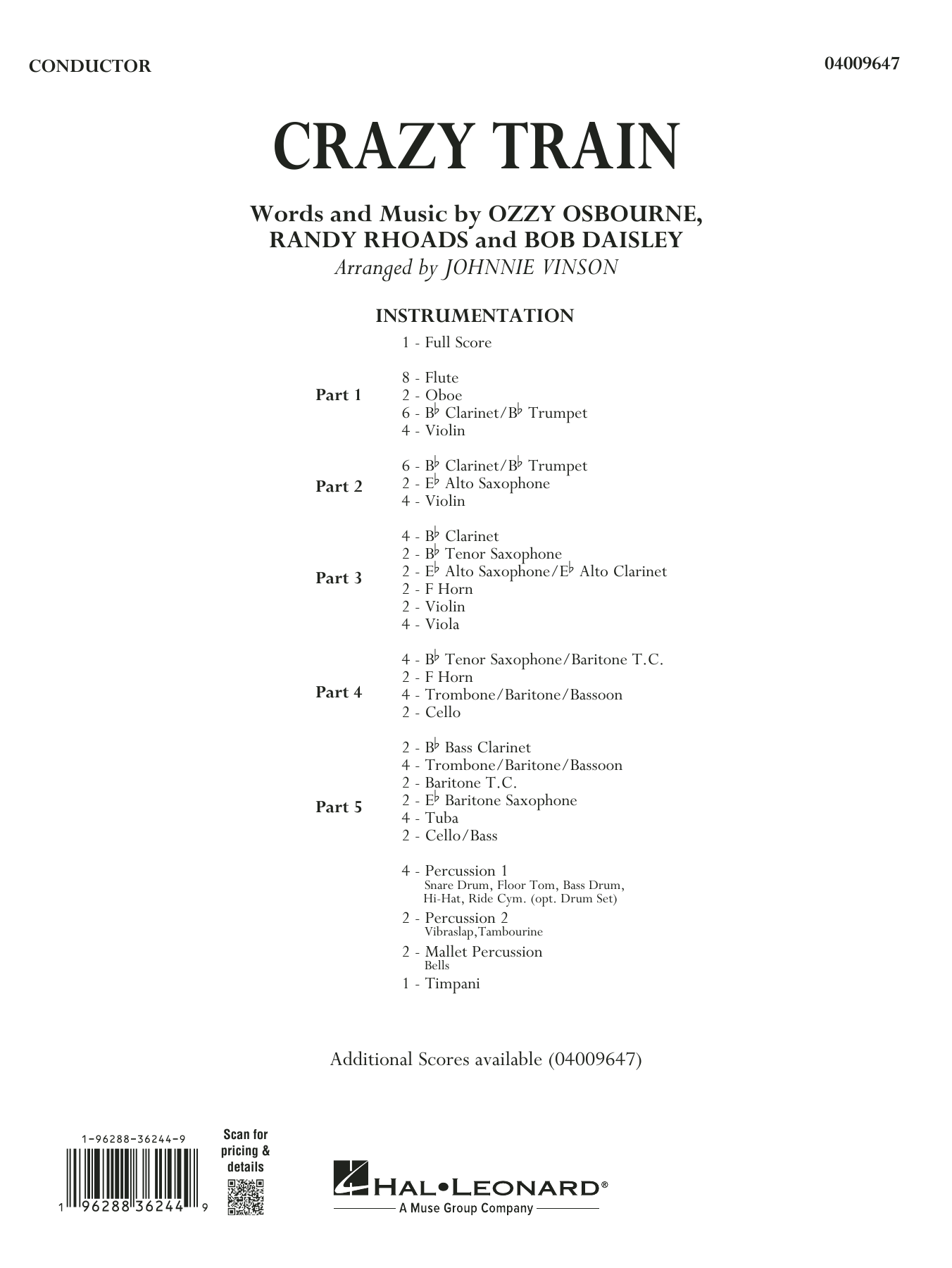 Crazy Train (arr. Johnnie Vinson) - Conductor Score (Full Score)
