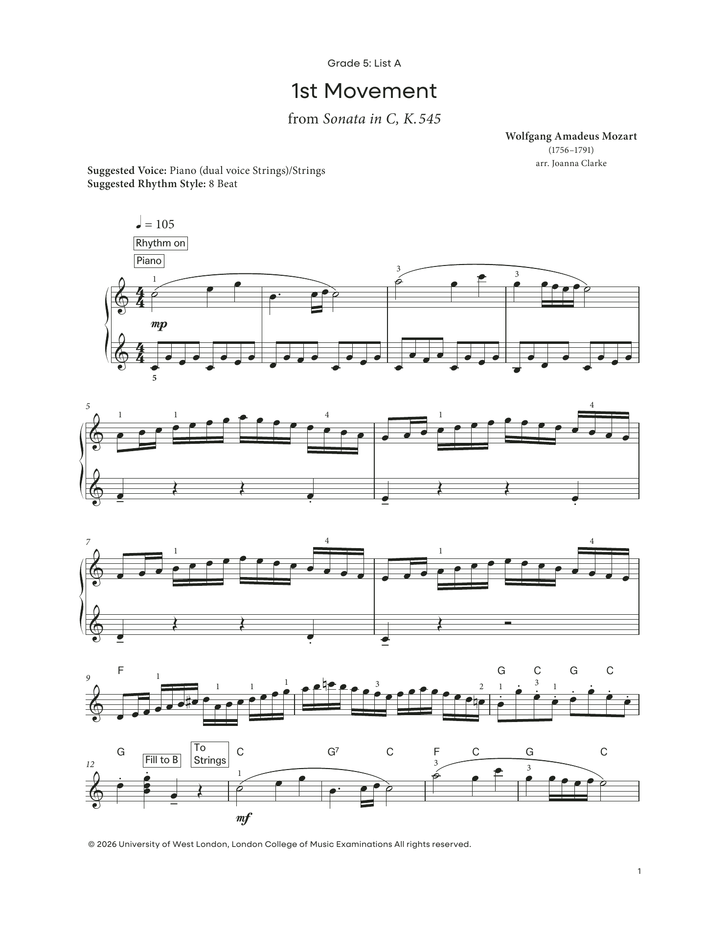 1st Movement from Sonata in C, K.545 (from LCME Electronic Keyboard Grade 5 List A): Piano Solo