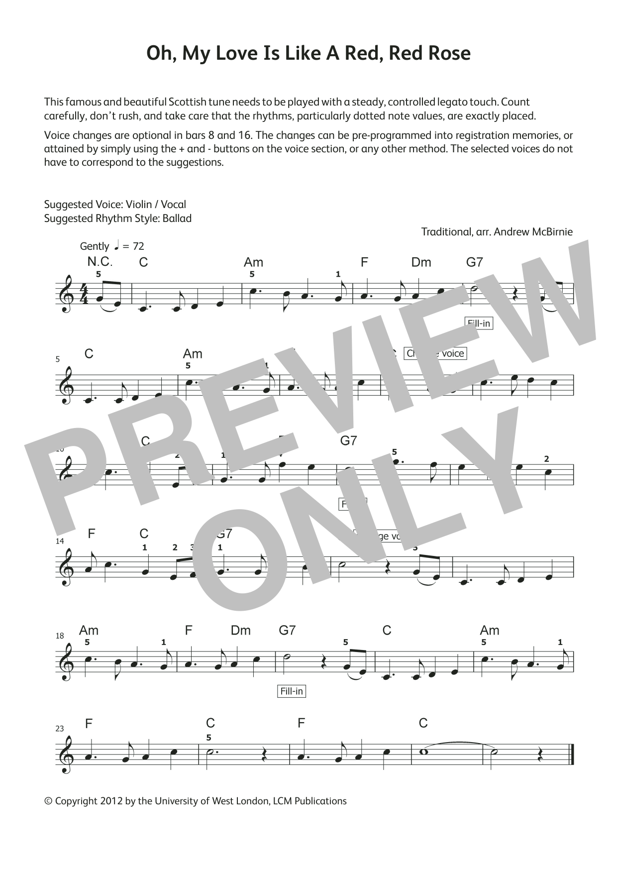 Oh, My Love is Like A Red Rose (from LCME Electronic Keyboard Grade 1 List A): Piano Solo