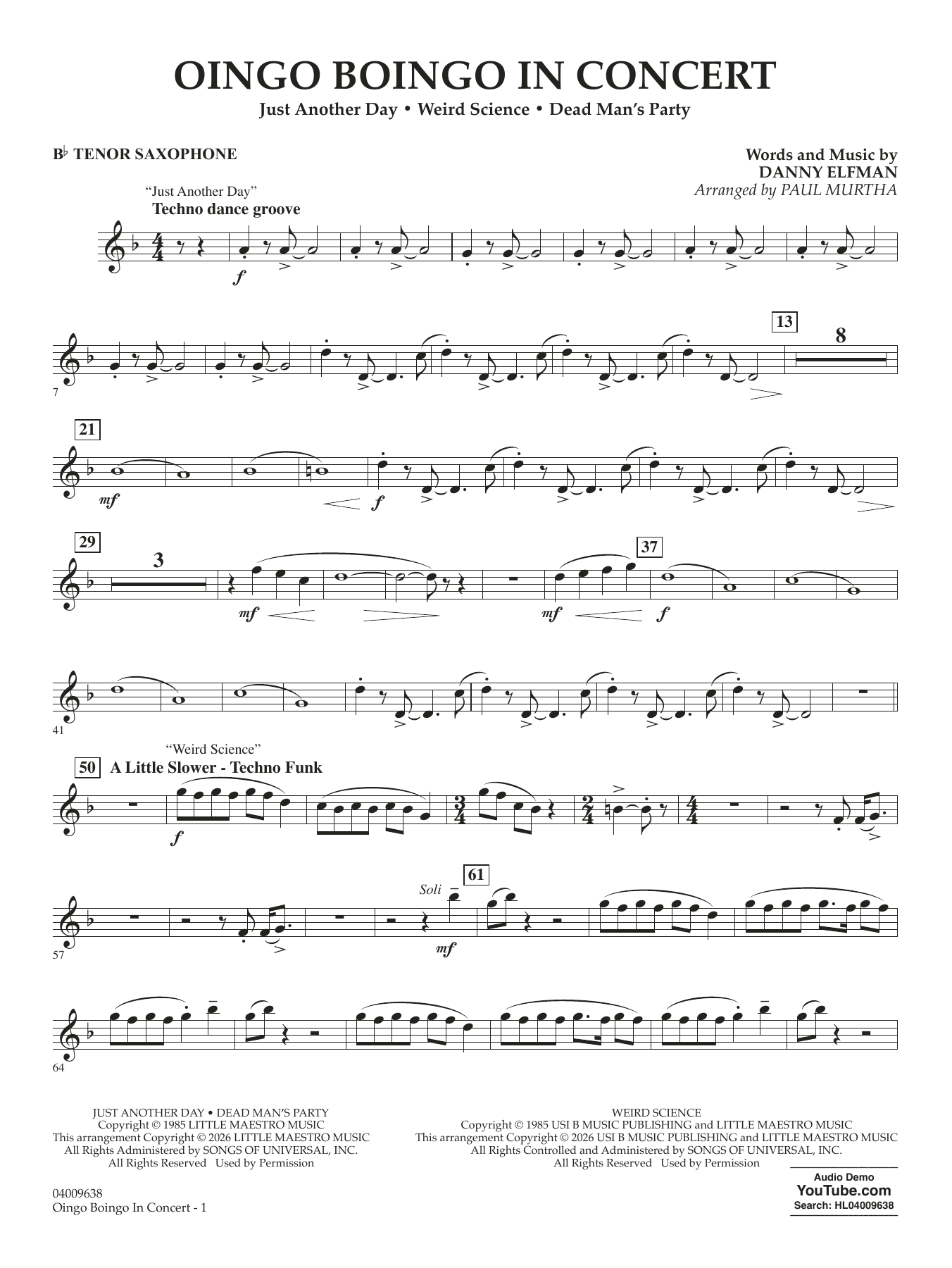 Oingo Boingo In Concert (arr. Paul Murtha) - Bb Tenor Saxophone