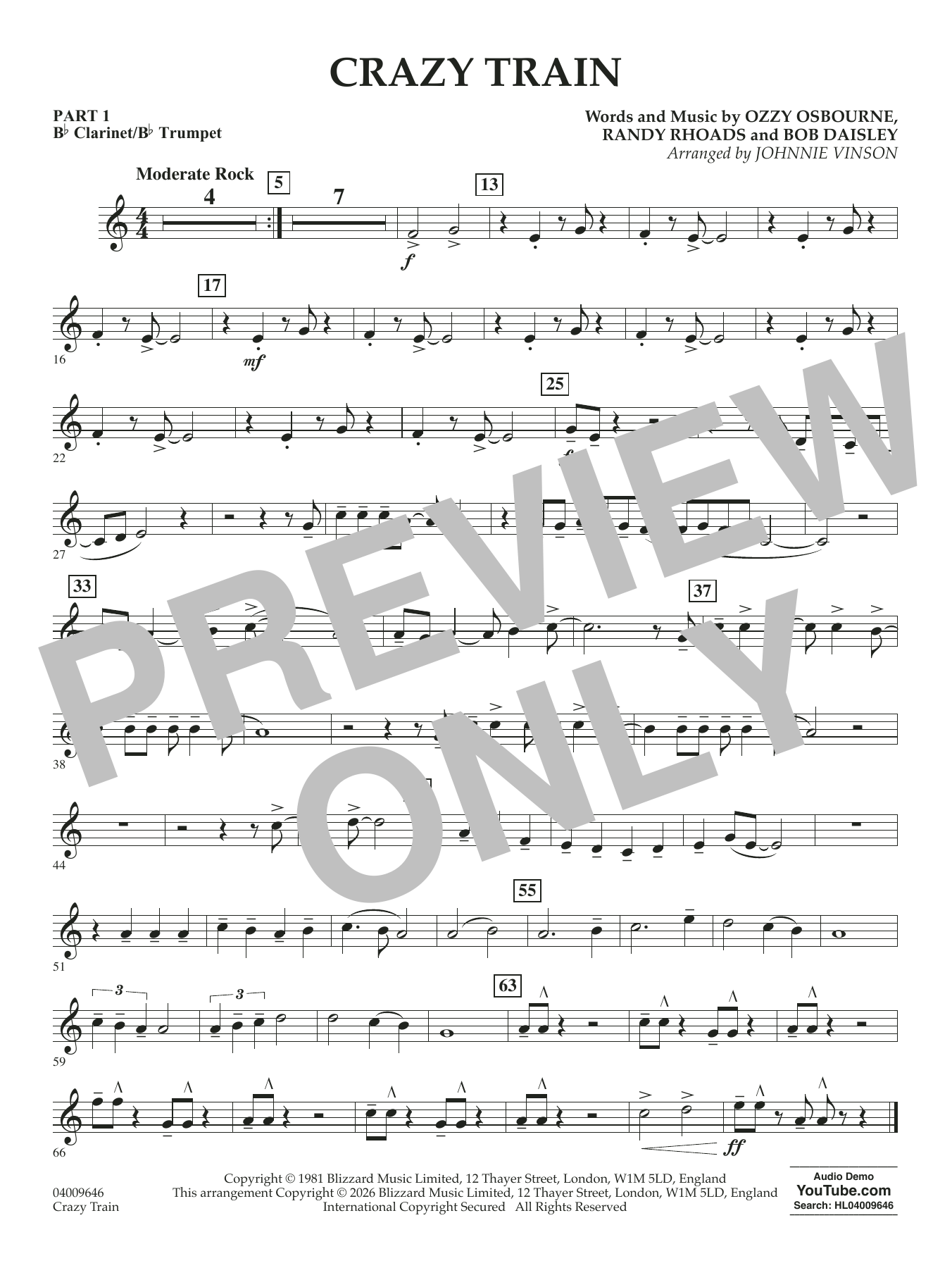 Crazy Train (arr. Johnnie Vinson) - Pt.1 - Bb Clarinet/Bb Trumpet