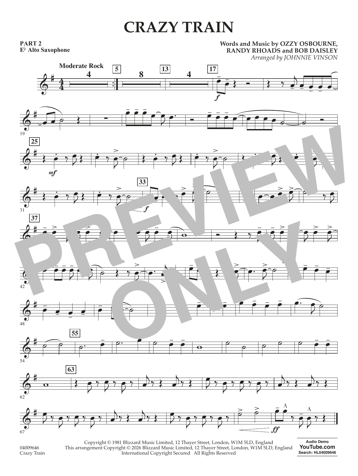 Crazy Train (arr. Johnnie Vinson) - Pt.2 - Eb Alto Saxophone