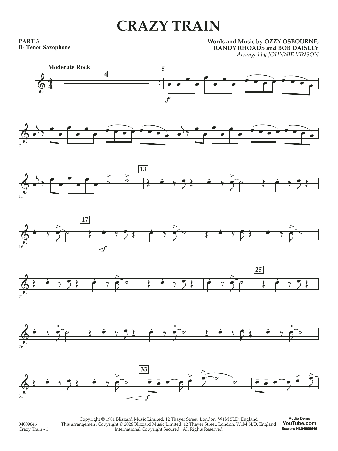 Crazy Train (arr. Johnnie Vinson) - Pt.3 - Bb Tenor Saxophone