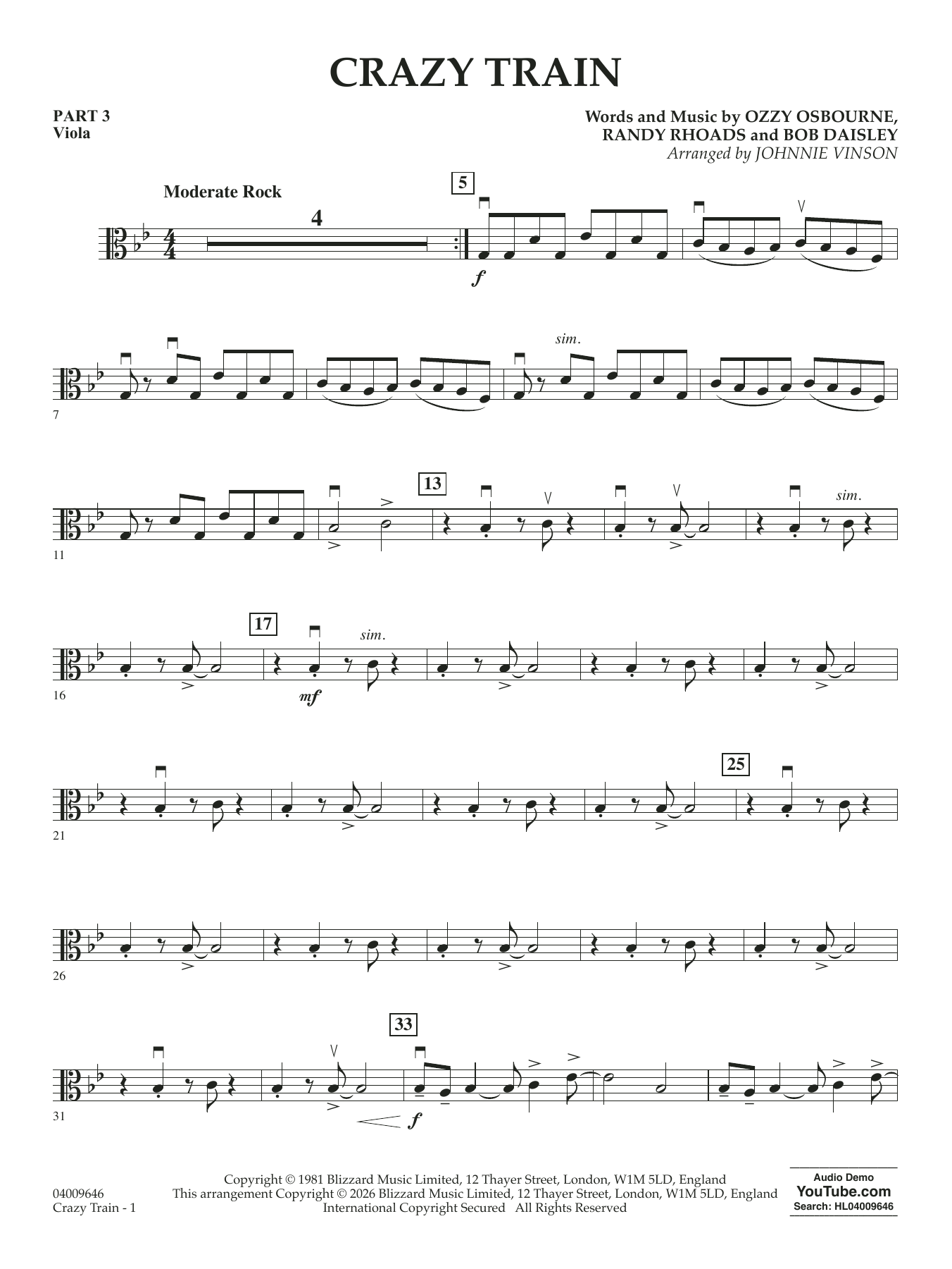 Crazy Train (arr. Johnnie Vinson) - Pt.3 - Viola