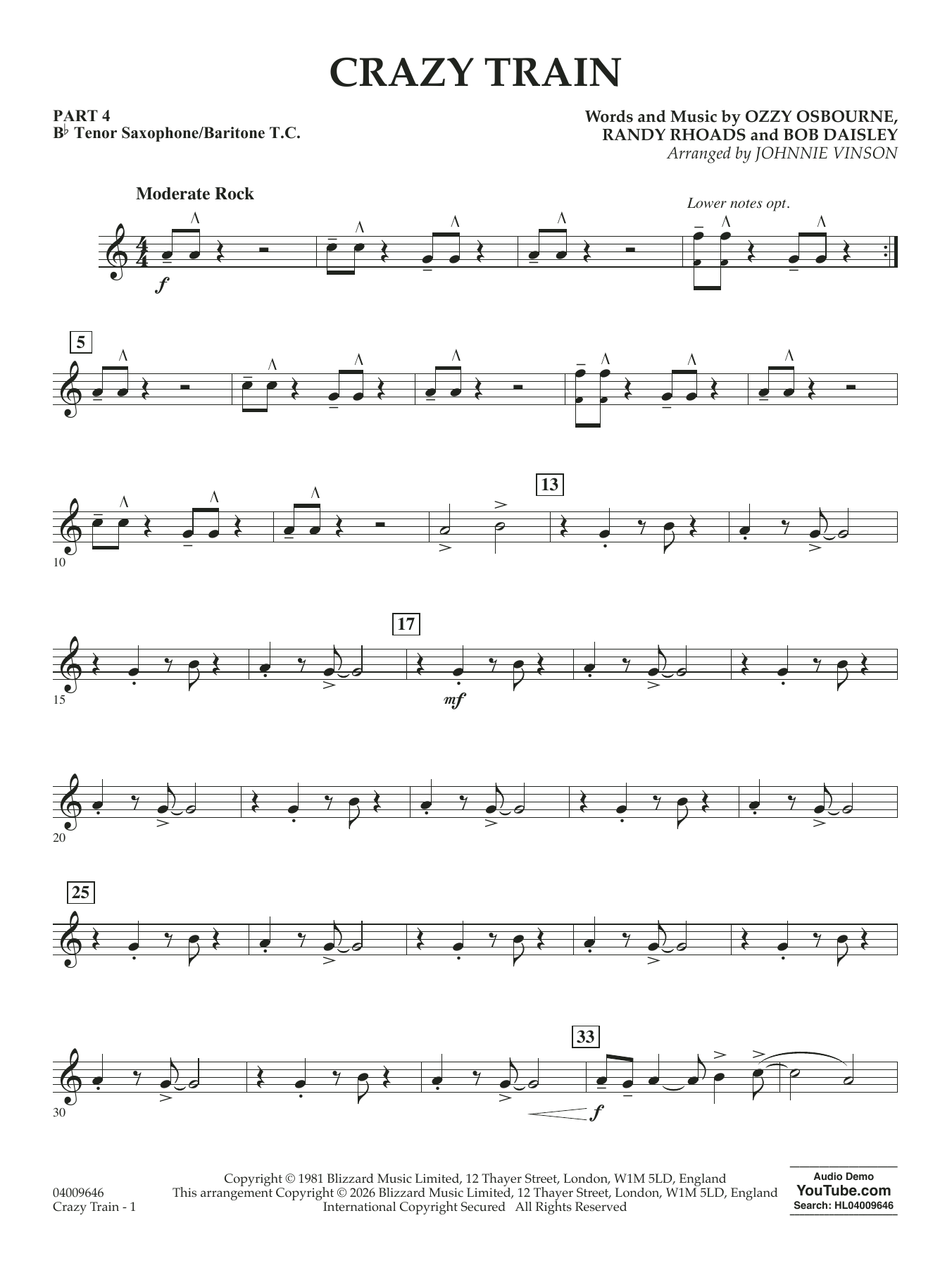 Crazy Train (arr. Johnnie Vinson) - Pt.4 - Bb Tenor Sax/Bar. T.C.