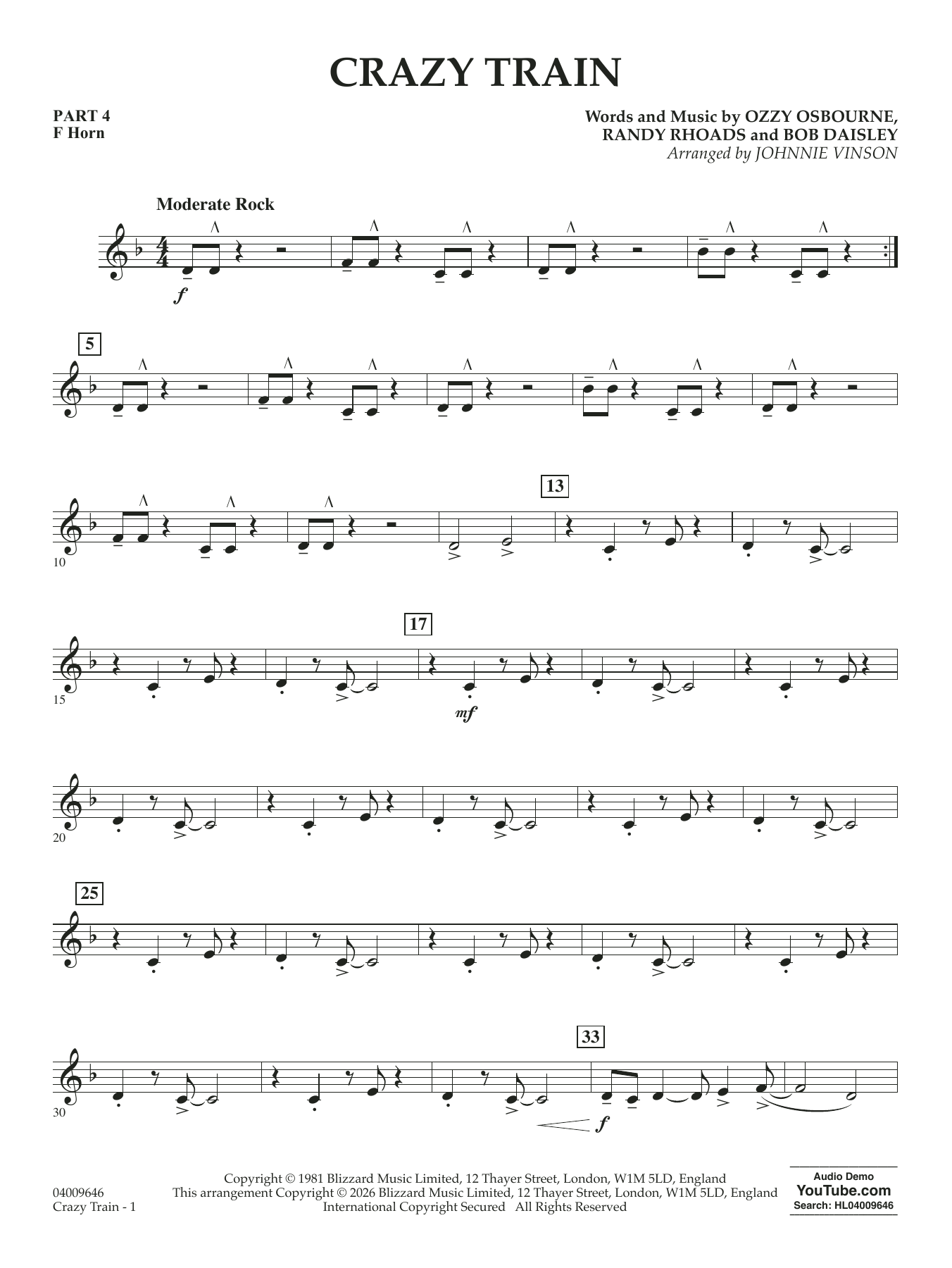 Crazy Train (arr. Johnnie Vinson) - Pt.4 - F Horn