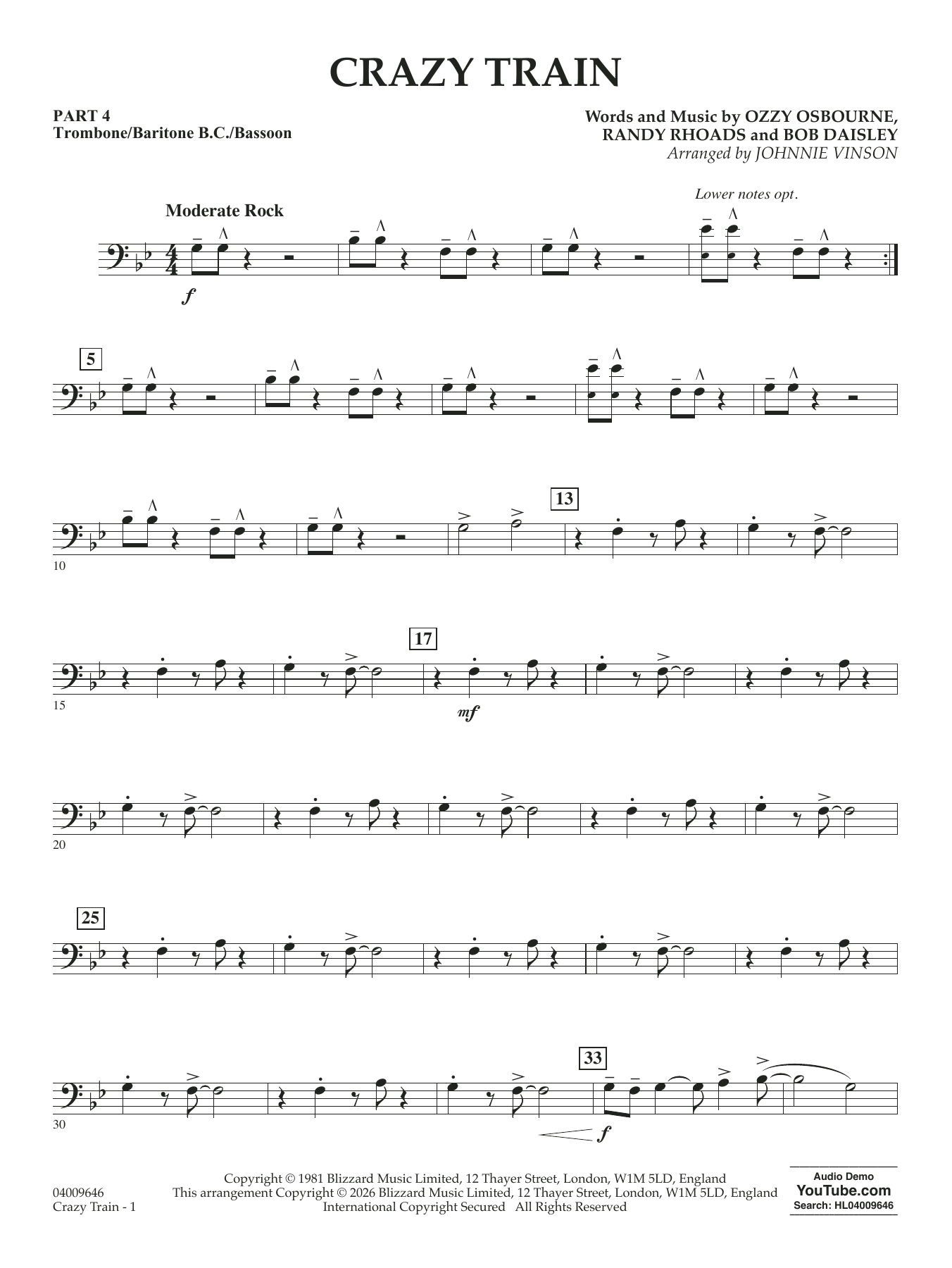 Crazy Train (arr. Johnnie Vinson) - Pt.4 - Trombone/Bar. B.C./Bsn.
