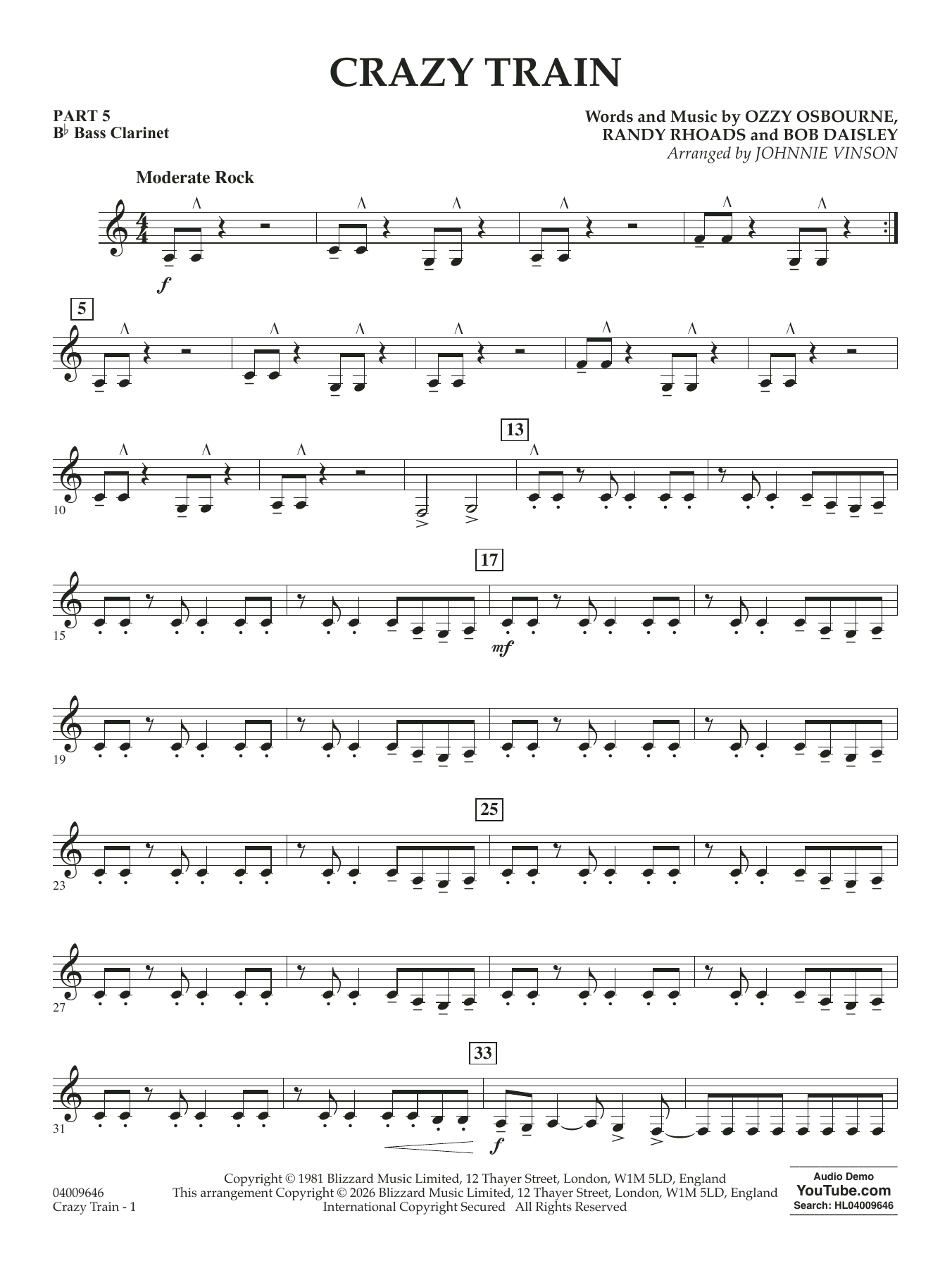 Crazy Train (arr. Johnnie Vinson) - Pt.5 - Bb Bass Clarinet