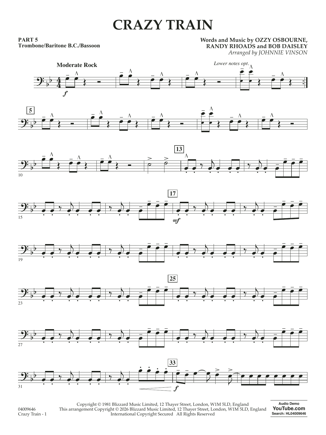 Crazy Train (arr. Johnnie Vinson) - Pt.5 - Trombone/Bar. B.C./Bsn.