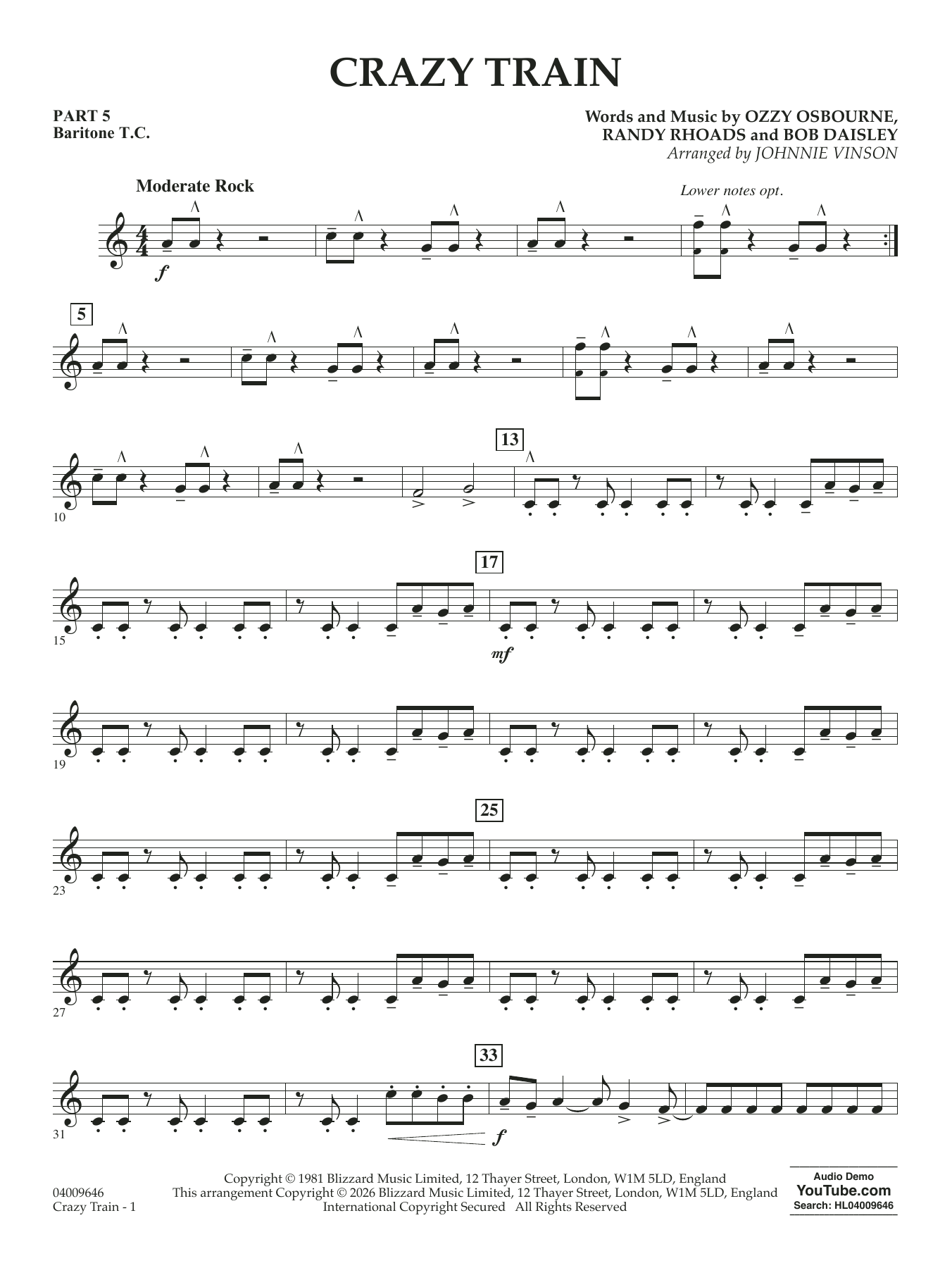 Crazy Train (arr. Johnnie Vinson) - Pt.5 - Baritone T.C.