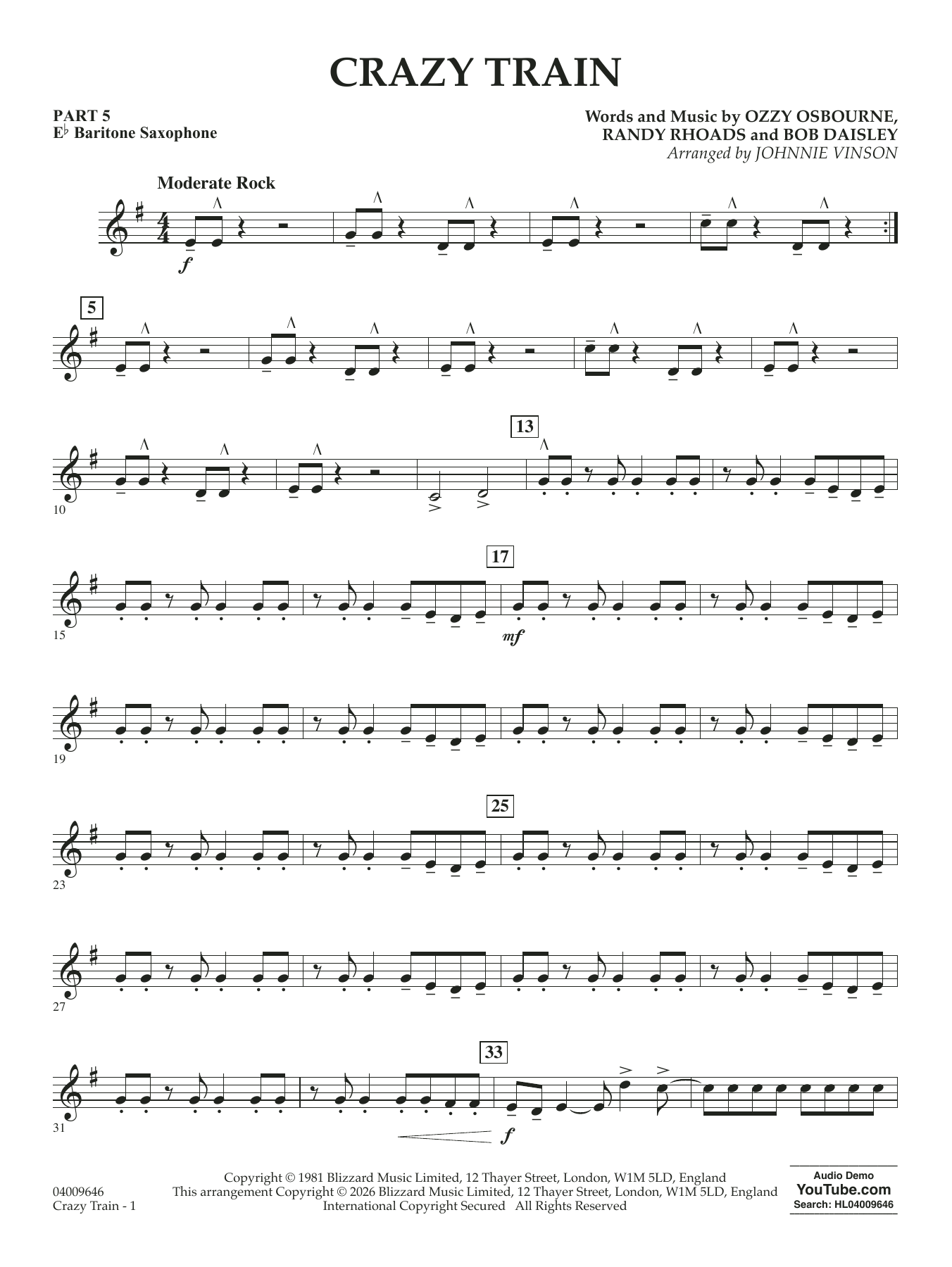 Crazy Train (arr. Johnnie Vinson) - Pt.5 - Eb Baritone Saxophone