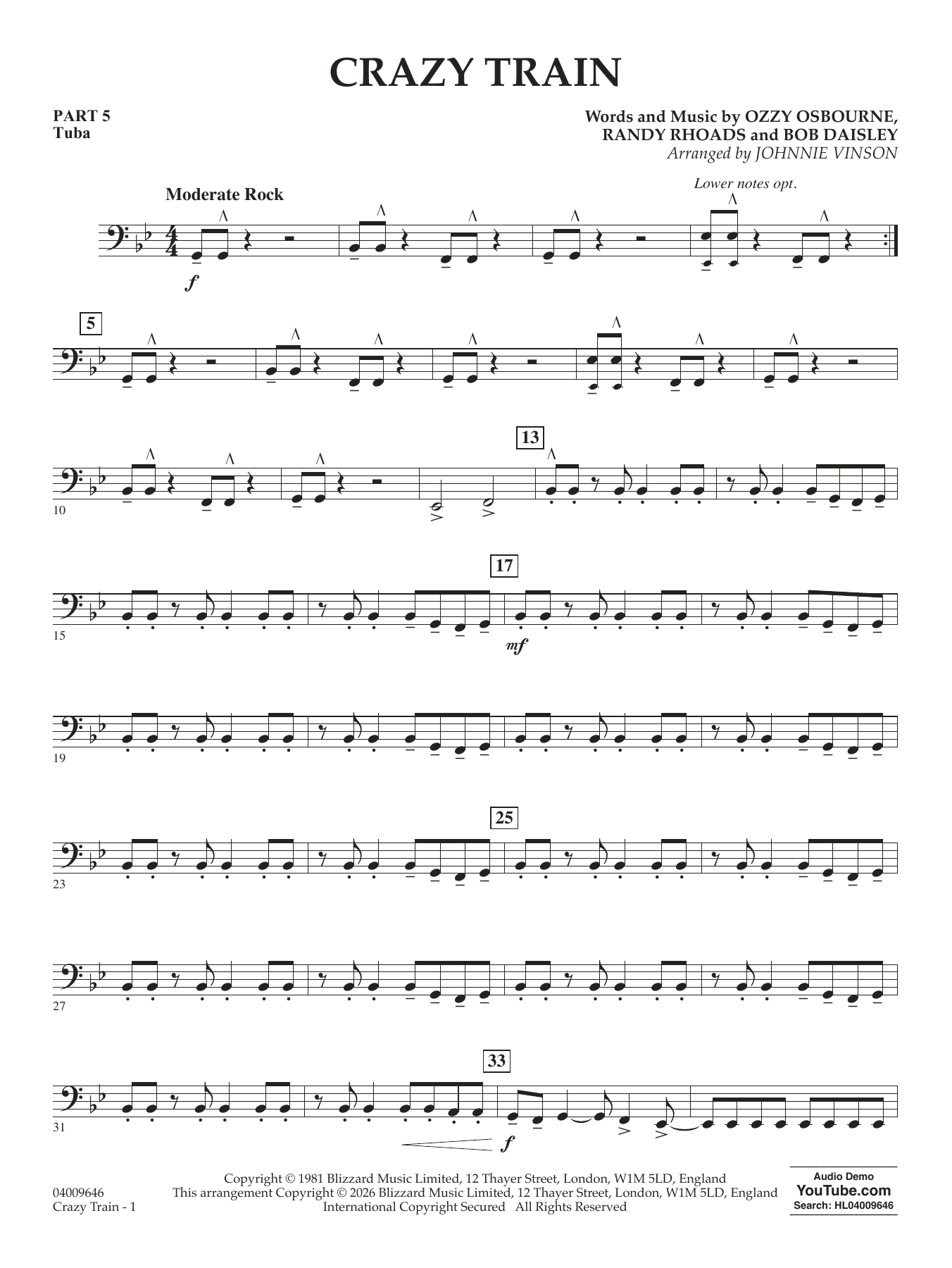 Crazy Train (arr. Johnnie Vinson) - Pt.5 - Tuba