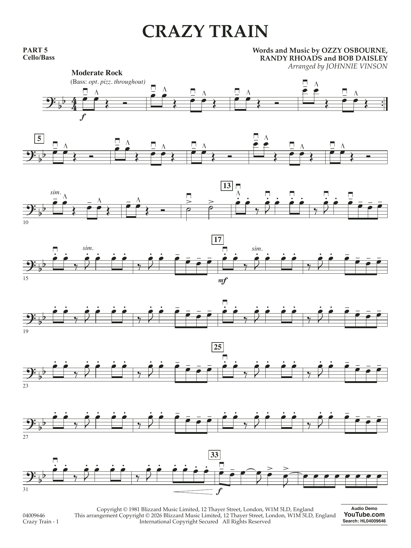 Crazy Train (arr. Johnnie Vinson) - Pt. 5 - Cello/Bass