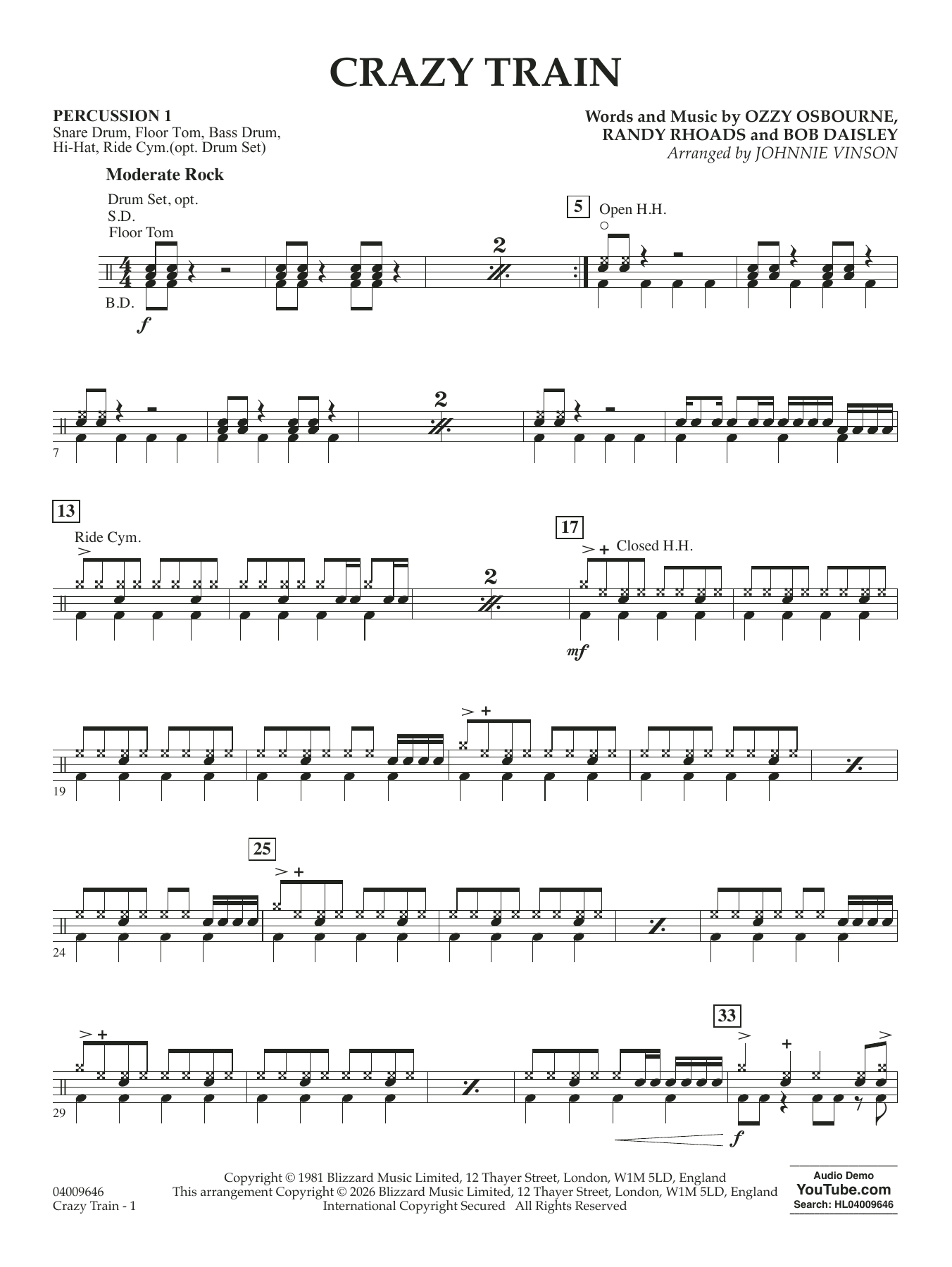 Crazy Train (arr. Johnnie Vinson) - Percussion 1