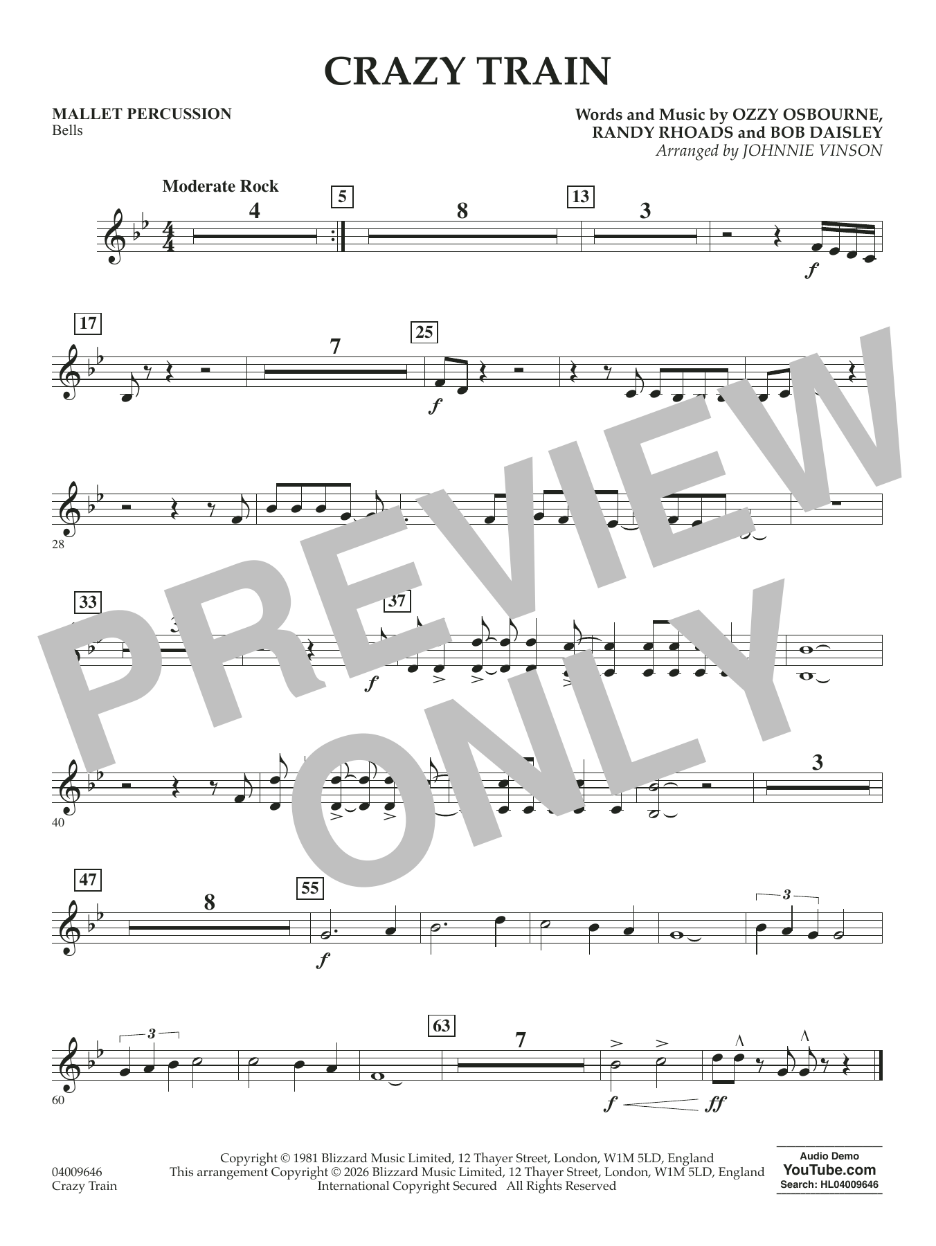 Crazy Train (arr. Johnnie Vinson) - Mallet Percussion