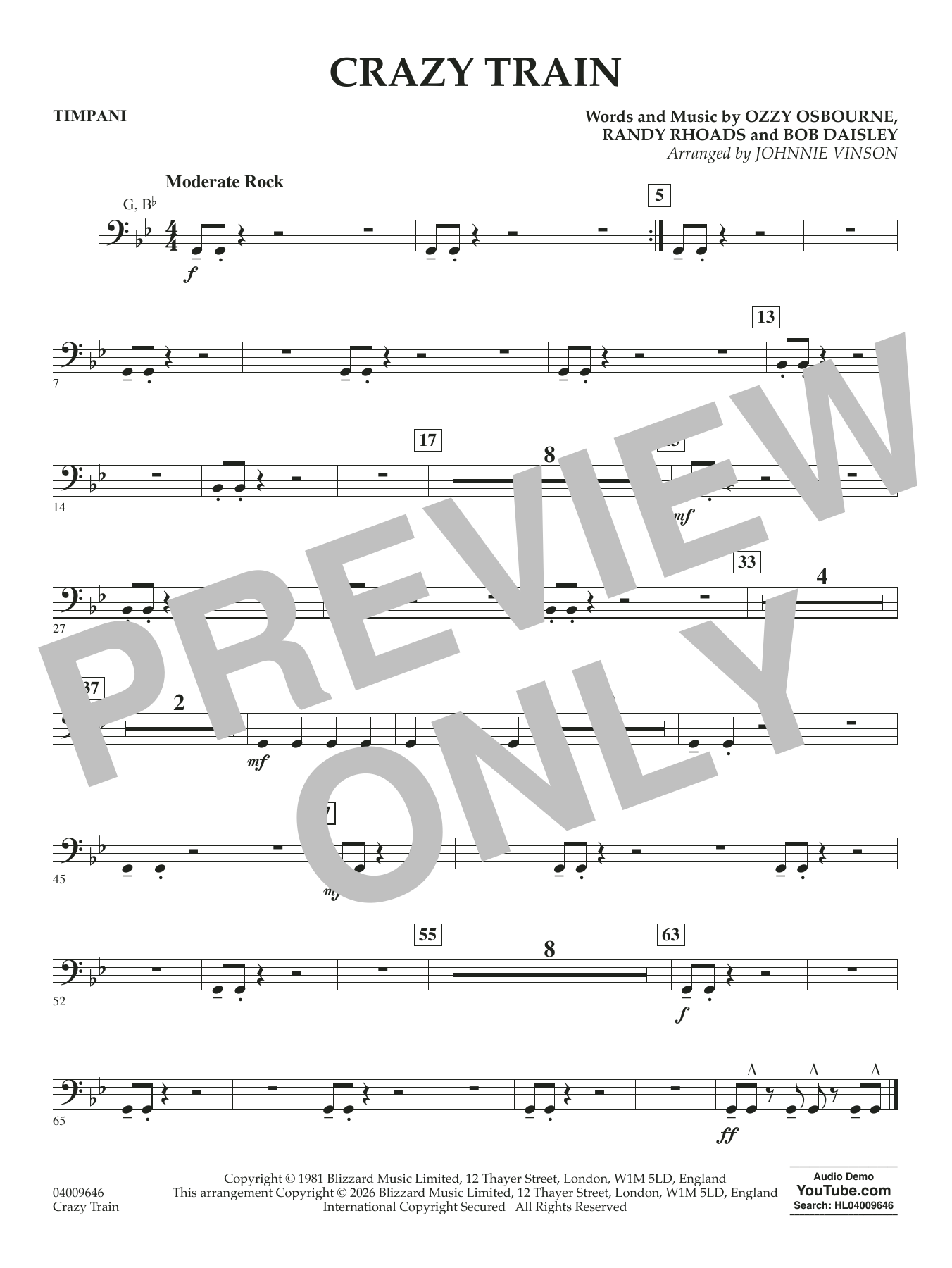 Crazy Train (arr. Johnnie Vinson) - Timpani