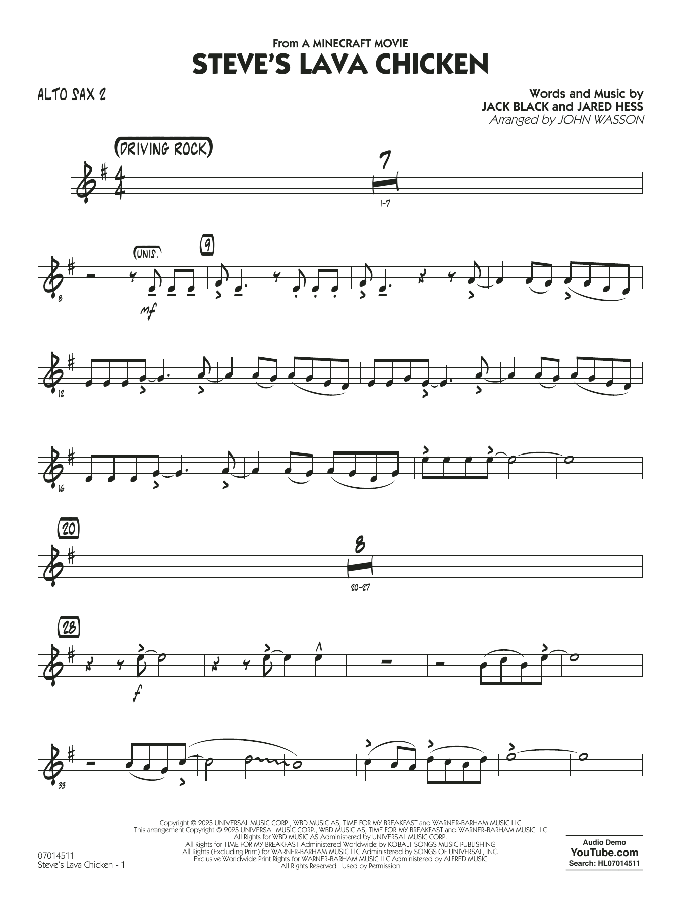 Steve's Lava Chicken (from A Minecraft Movie) (arr. John Wasson) - Alto Sax 2