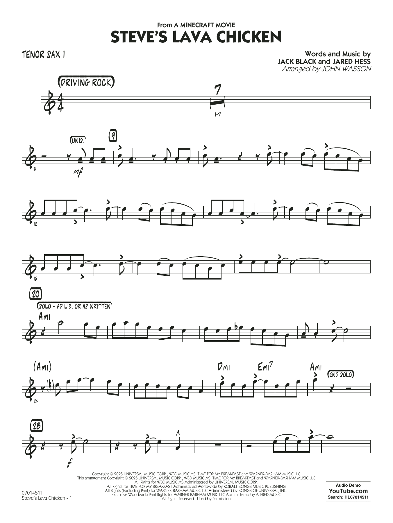 Steve's Lava Chicken (from A Minecraft Movie) (arr. John Wasson) - Tenor Sax 1
