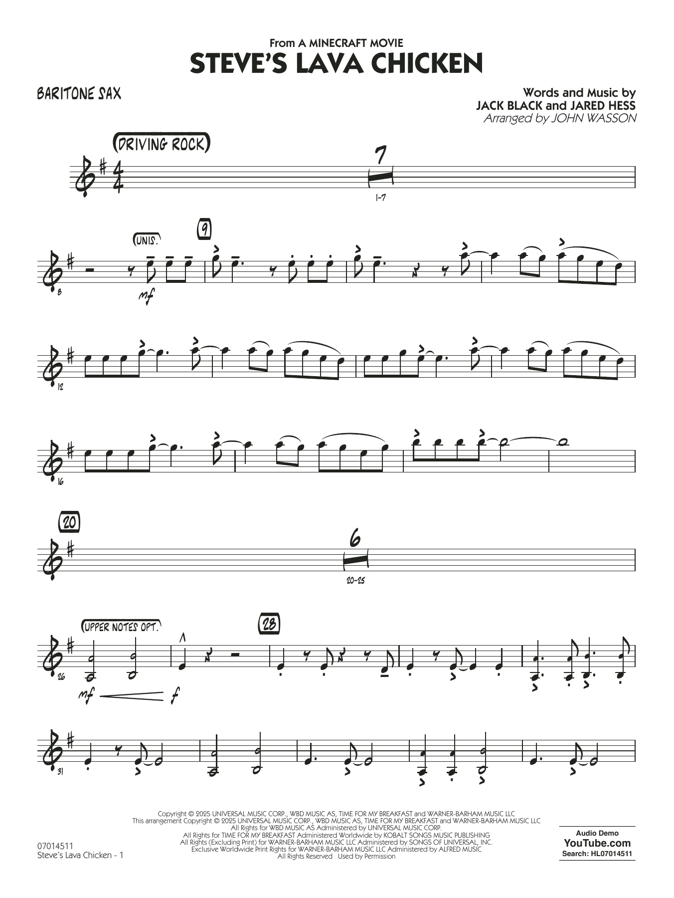 Steve's Lava Chicken (from A Minecraft Movie) (arr. John Wasson) - Baritone Sax