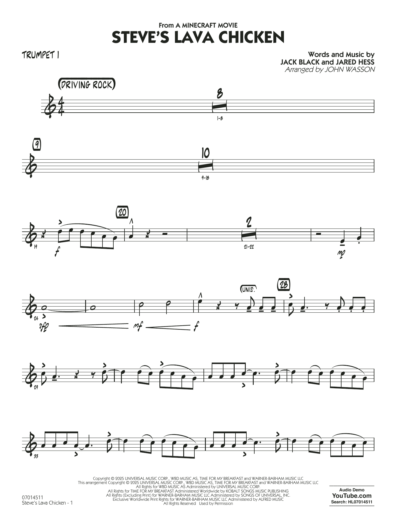 Steve's Lava Chicken (from A Minecraft Movie) (arr. John Wasson) - Trumpet 1