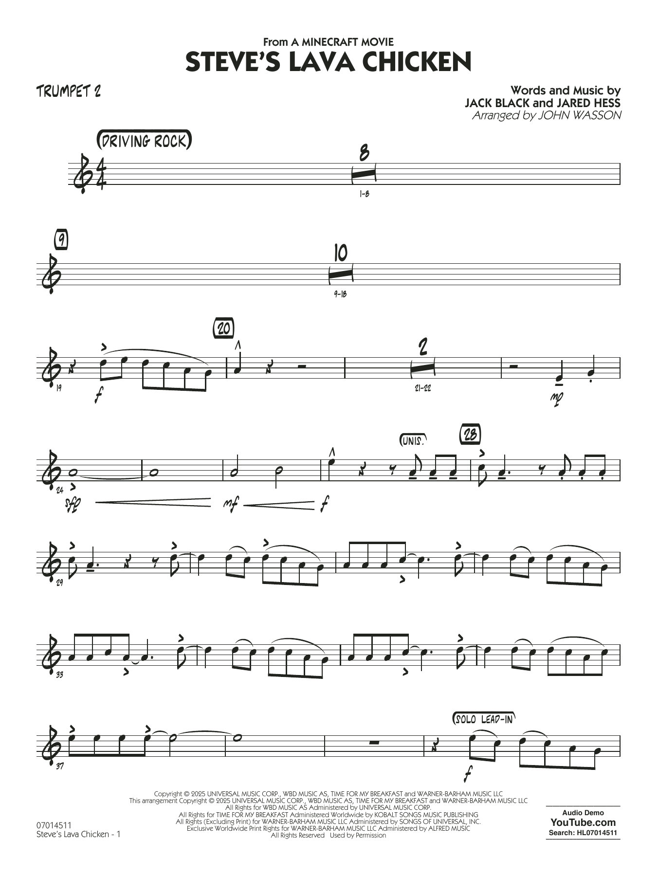 Steve's Lava Chicken (from A Minecraft Movie) (arr. John Wasson) - Trumpet 2