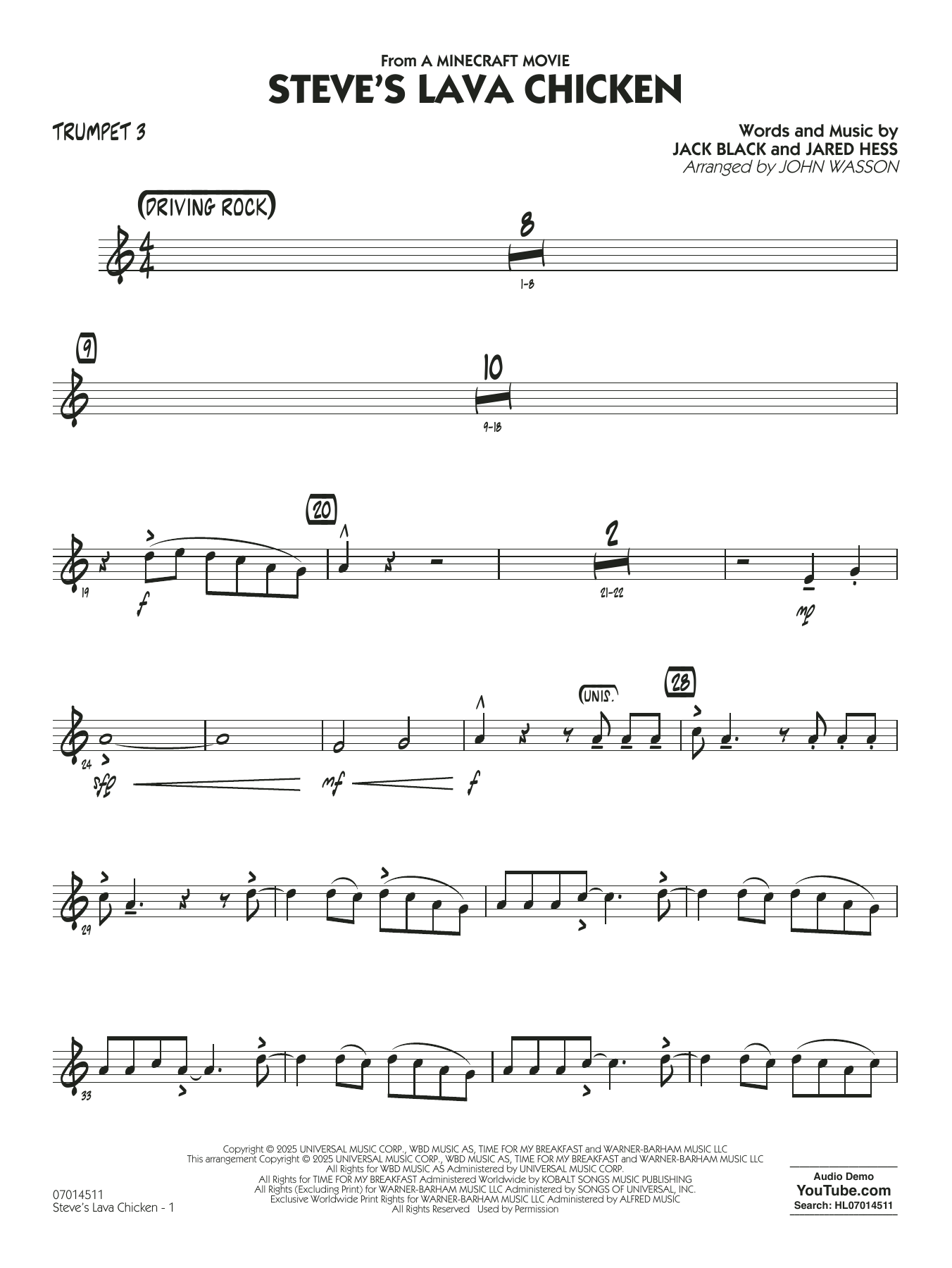 Steve's Lava Chicken (from A Minecraft Movie) (arr. John Wasson) - Trumpet 3
