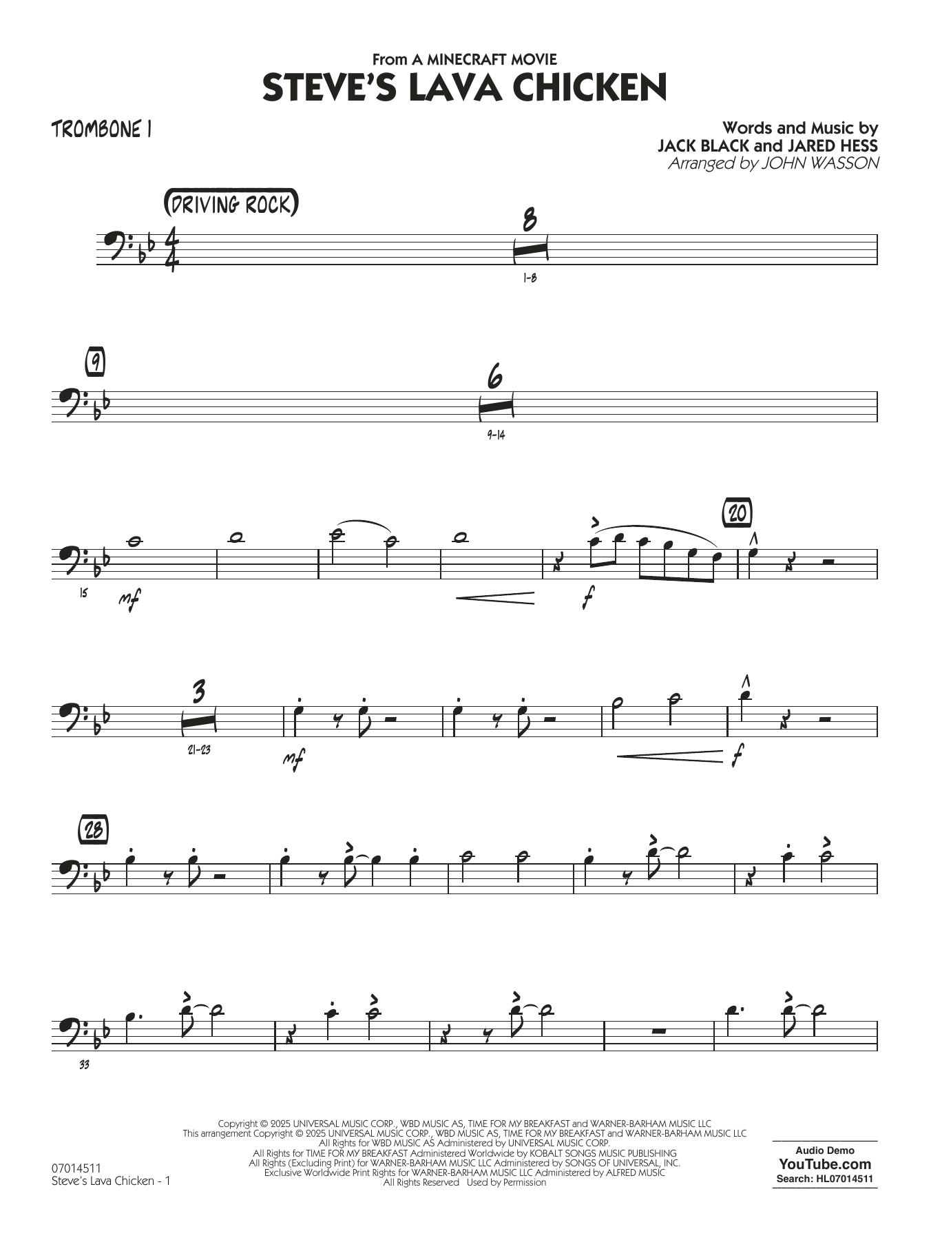 Steve's Lava Chicken (from A Minecraft Movie) (arr. John Wasson) - Trombone 1