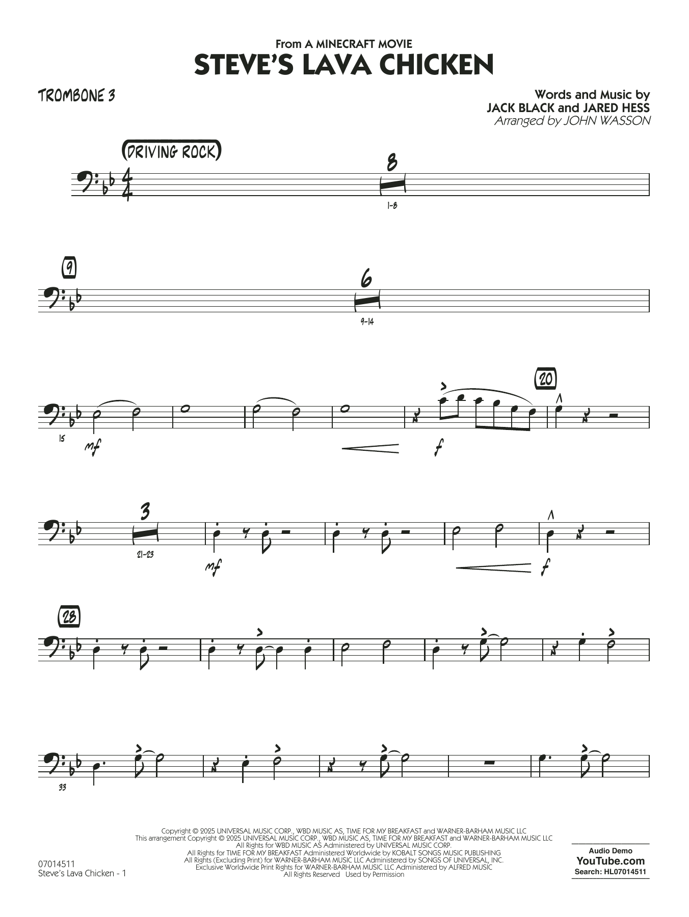 Steve's Lava Chicken (from A Minecraft Movie) (arr. John Wasson) - Trombone 3