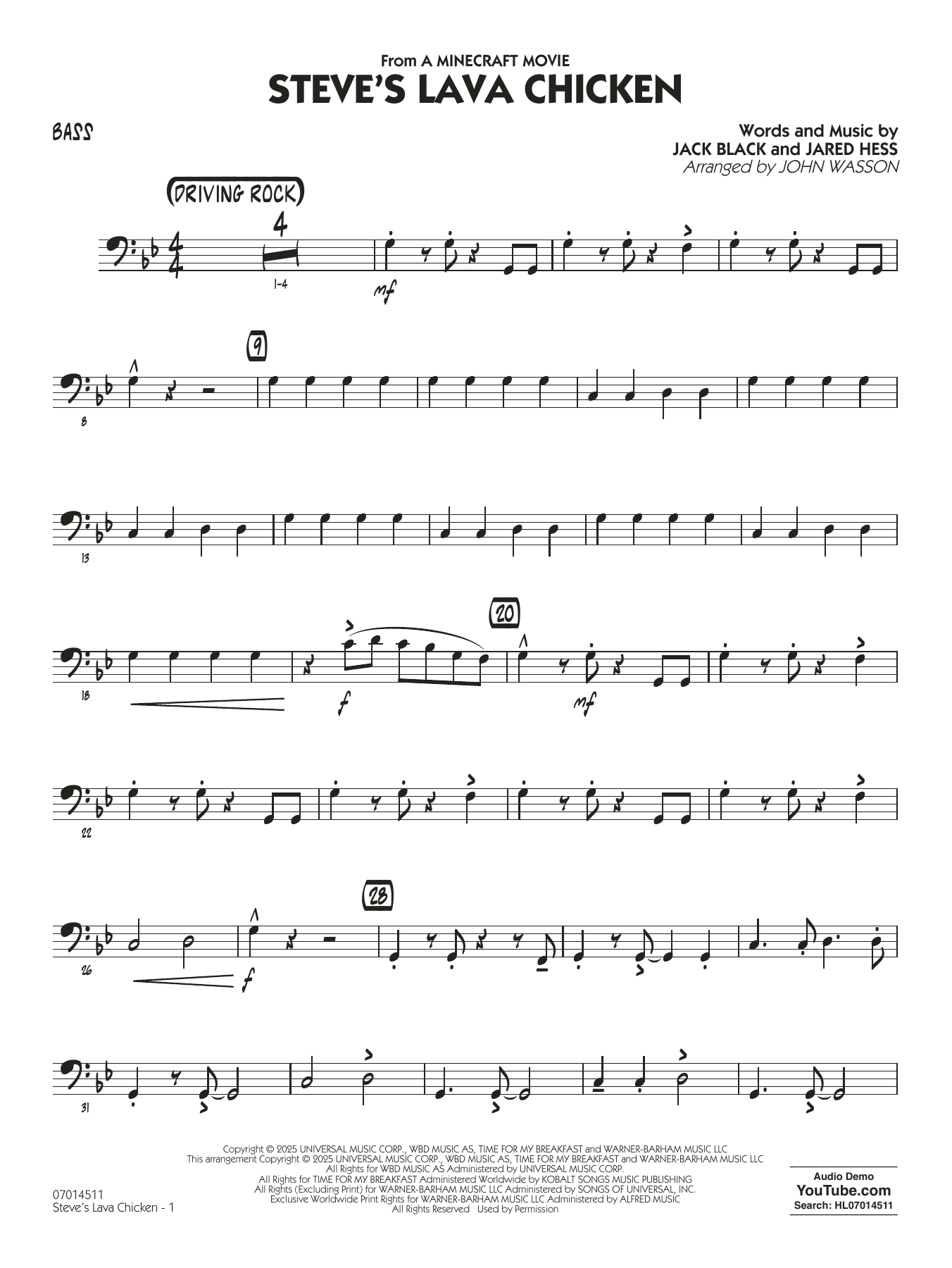 Steve's Lava Chicken (from A Minecraft Movie) (arr. John Wasson) - Bass