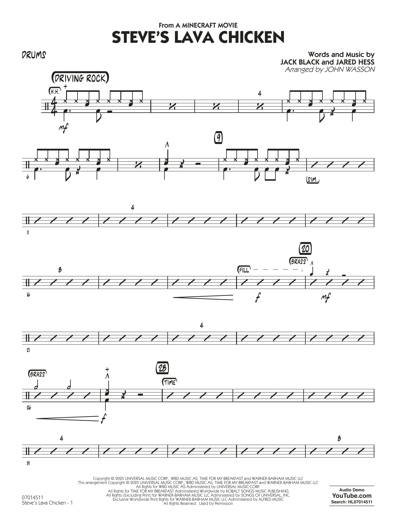 Steve's Lava Chicken (from A Minecraft Movie) (arr. John Wasson) - Drums