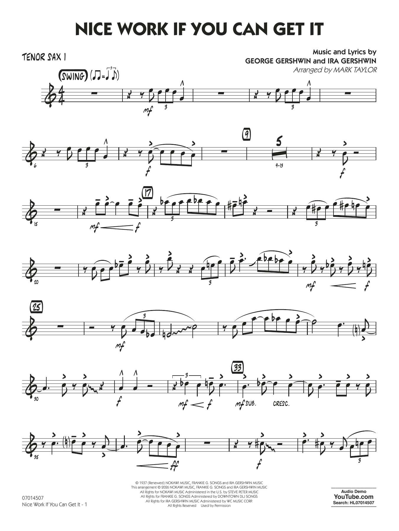 Nice Work If You Can Get It (arr. Mark Taylor) - Tenor Sax 1
