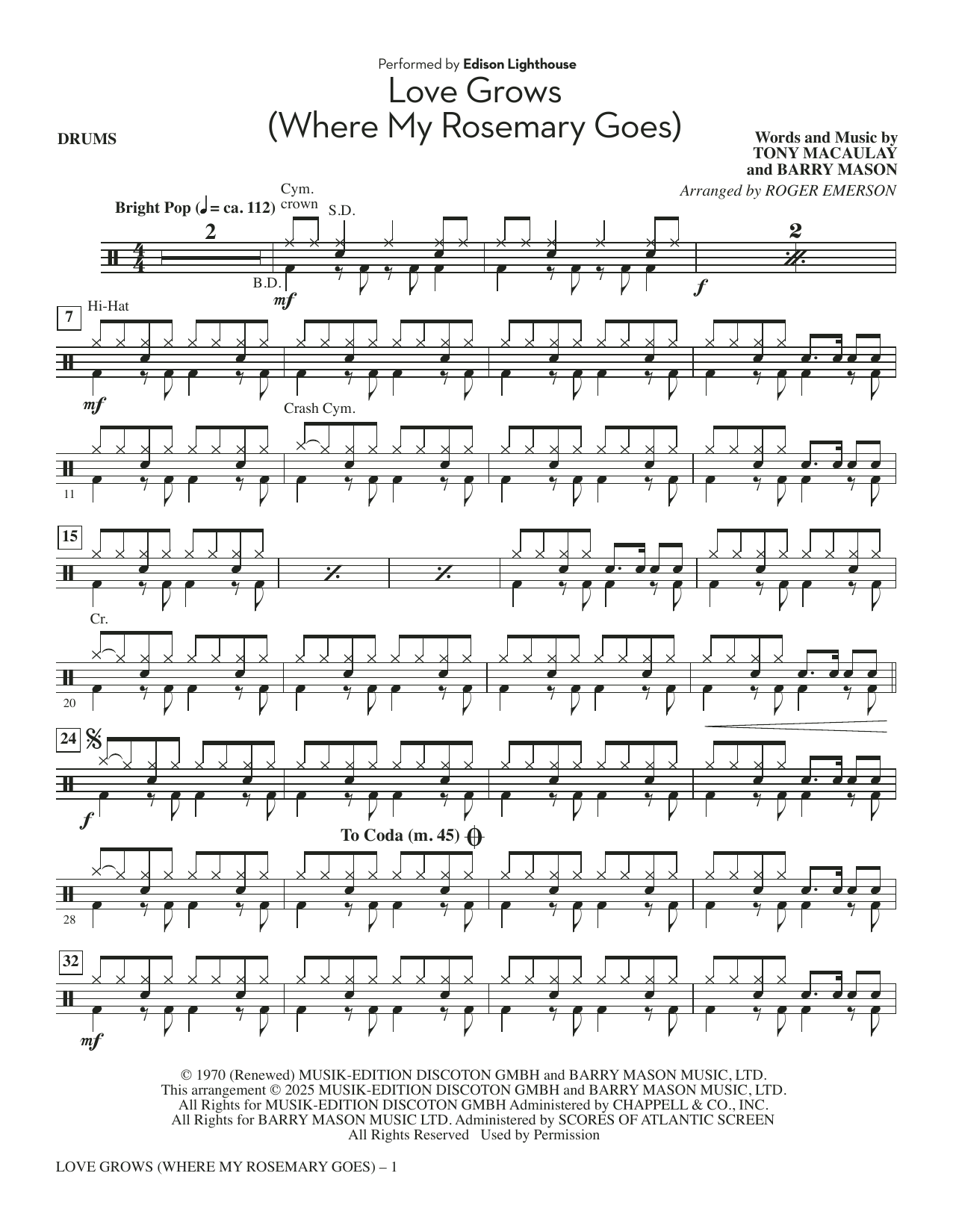 Love Grows (Where My Rosemary Goes) (arr. Roger Emerson) - Drums