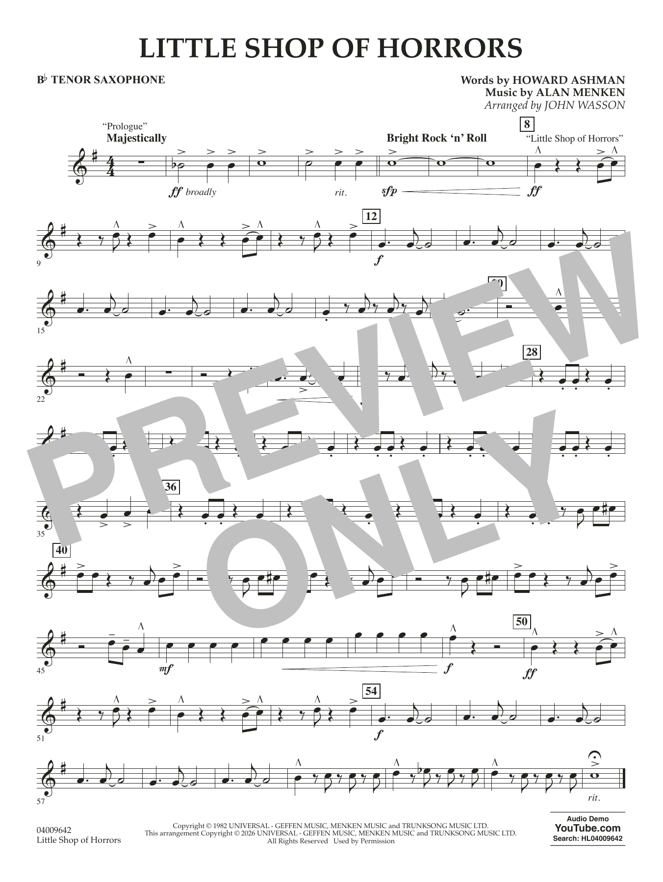 Little Shop Of Horrors (arr. John Wasson) - Bb Tenor Saxophone