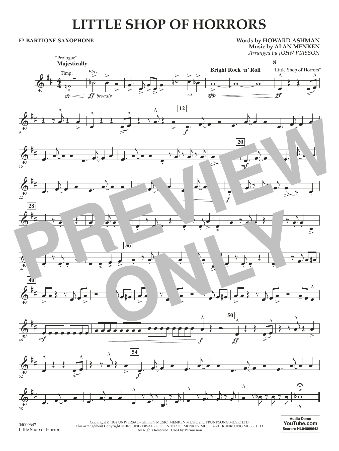 Little Shop Of Horrors (arr. John Wasson) - Eb Baritone Saxophone