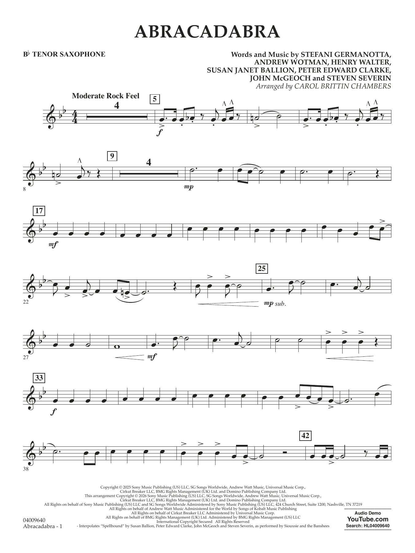 Abracadabra (arr. Chambers) - Bb Tenor Saxophone