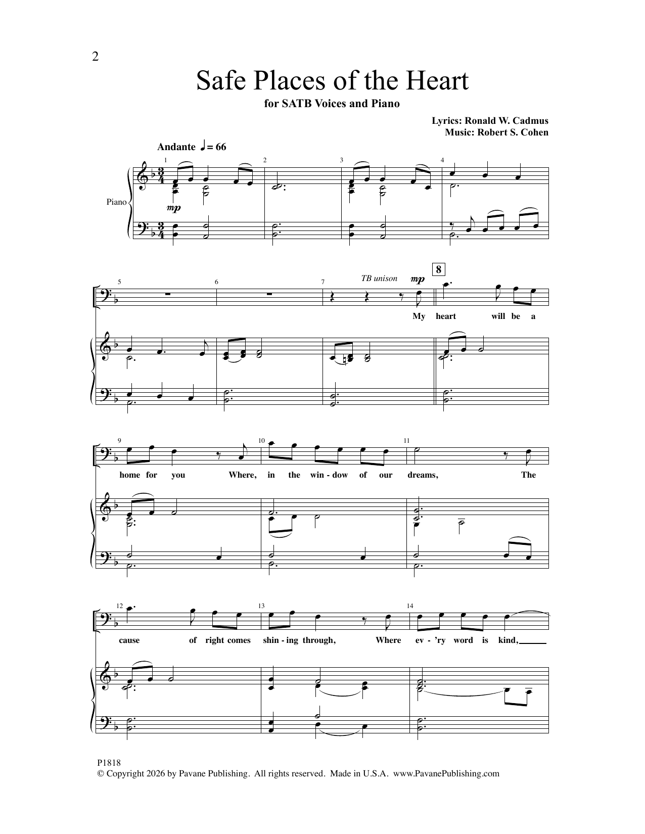 Safe Places Of The Heart: SATB Choral Octavo