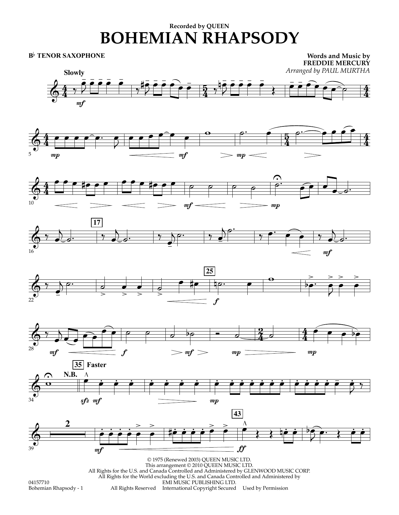 Bohemian Rhapsody (arr. Paul Murtha) - Tenor Saxophone