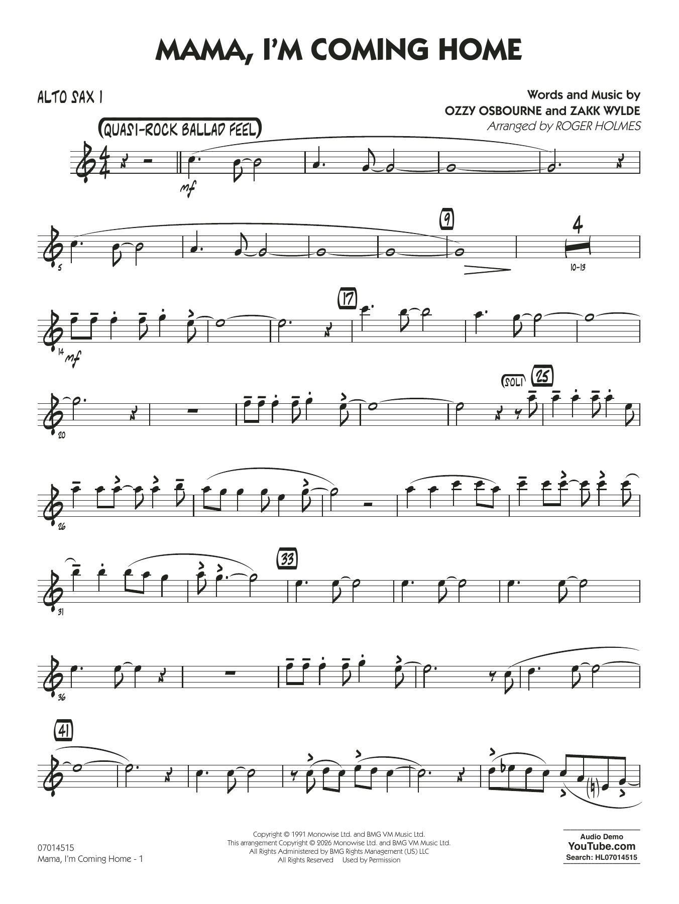 Mama, I'm Coming Home (arr. Roger Holmes) - Alto Sax 1