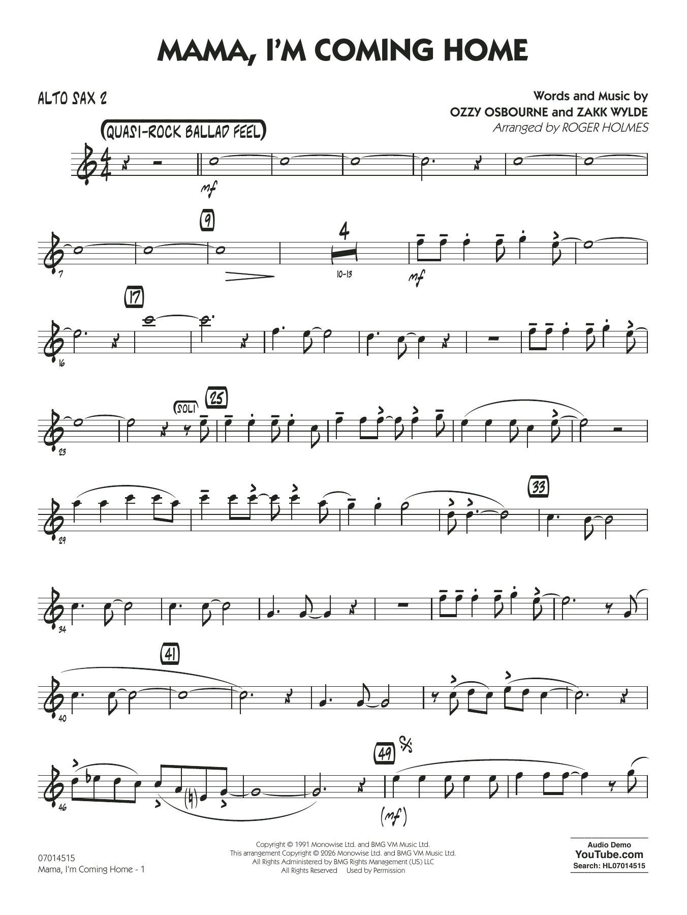 Mama, I'm Coming Home (arr. Roger Holmes) - Alto Sax 2