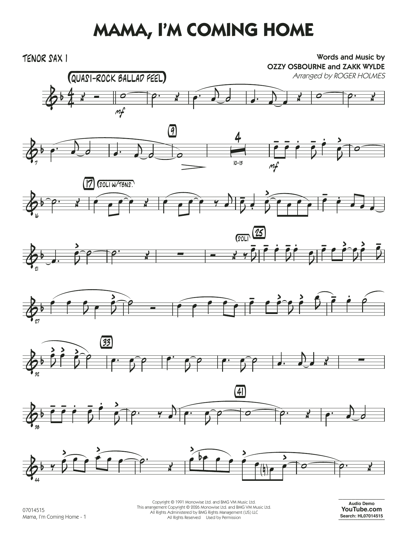 Mama, I'm Coming Home (arr. Roger Holmes) - Tenor Sax 1