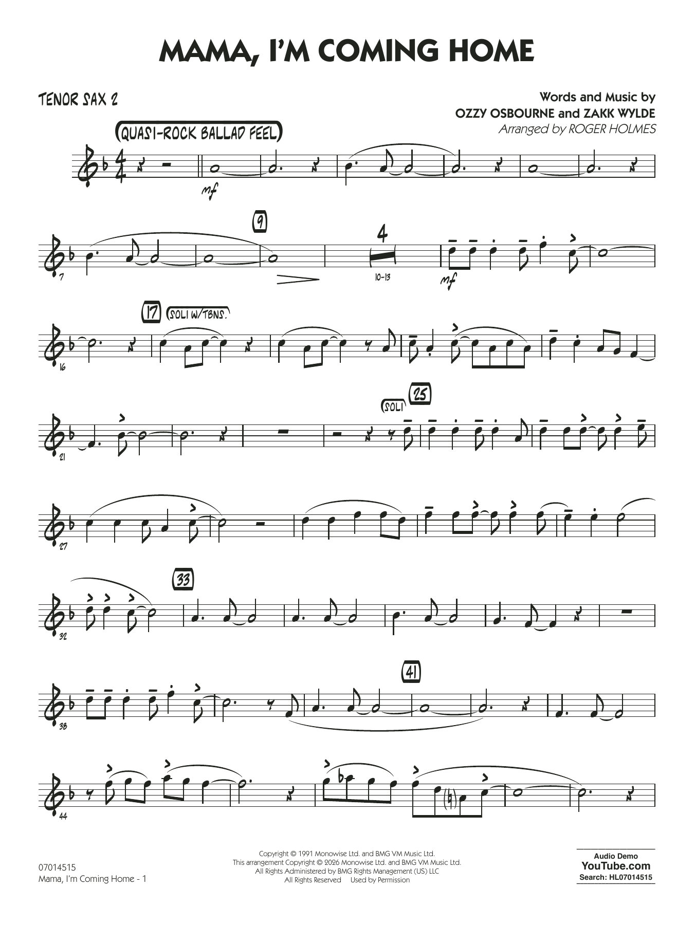 Mama, I'm Coming Home (arr. Roger Holmes) - Tenor Sax 2