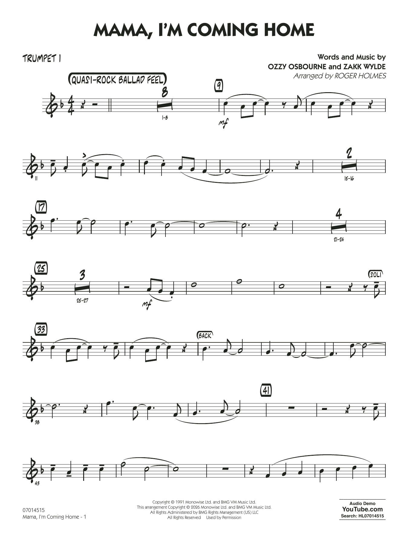 Mama, I'm Coming Home (arr. Roger Holmes) - Trumpet 1