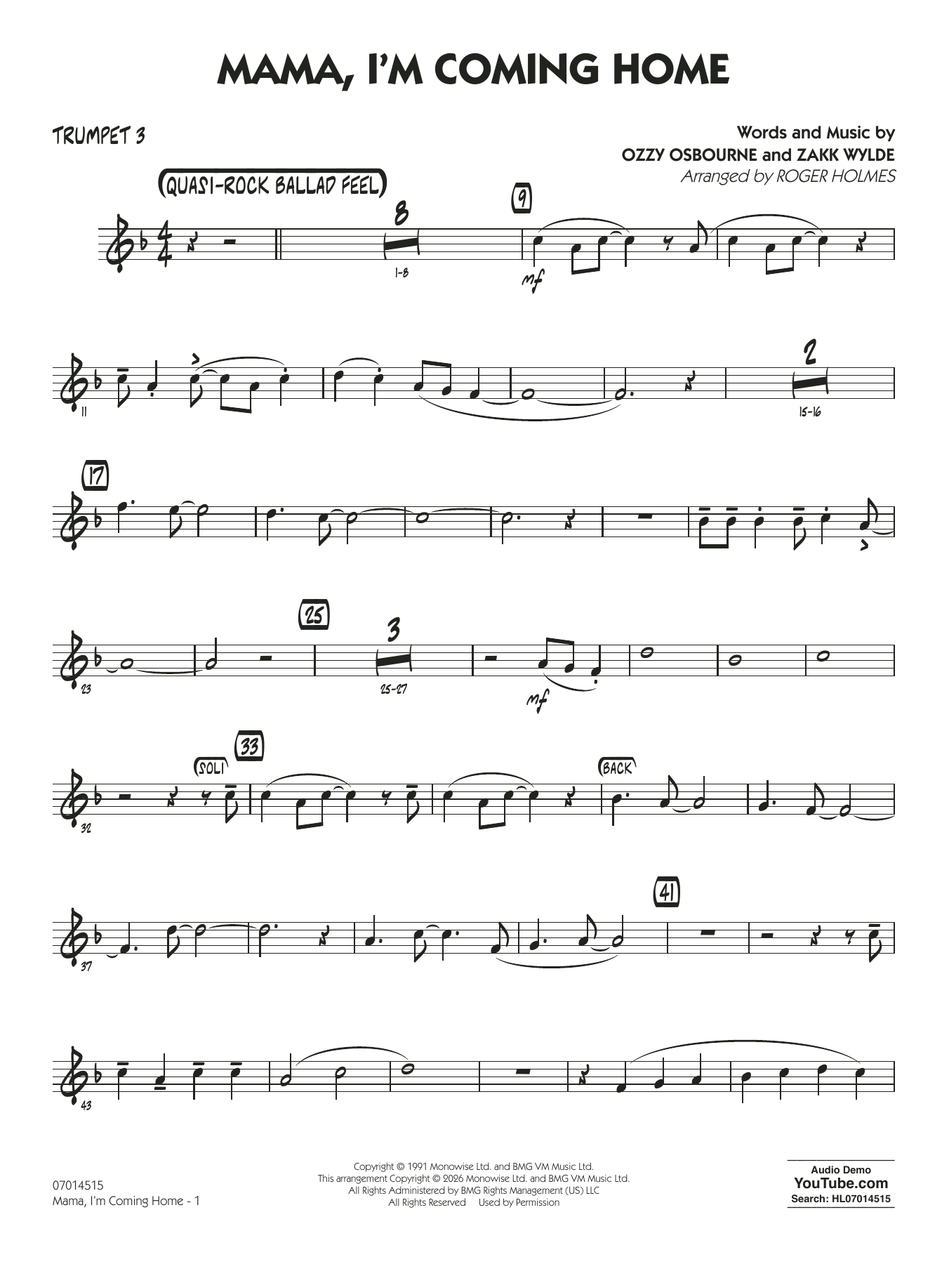 Mama, I'm Coming Home (arr. Roger Holmes) - Trumpet 3