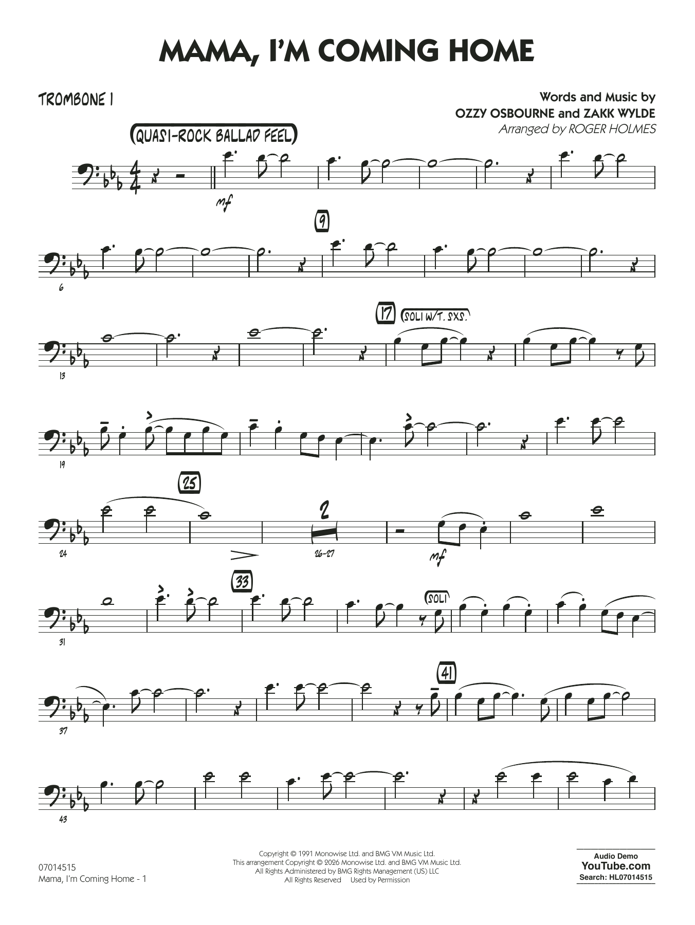 Mama, I'm Coming Home (arr. Roger Holmes) - Trombone 1