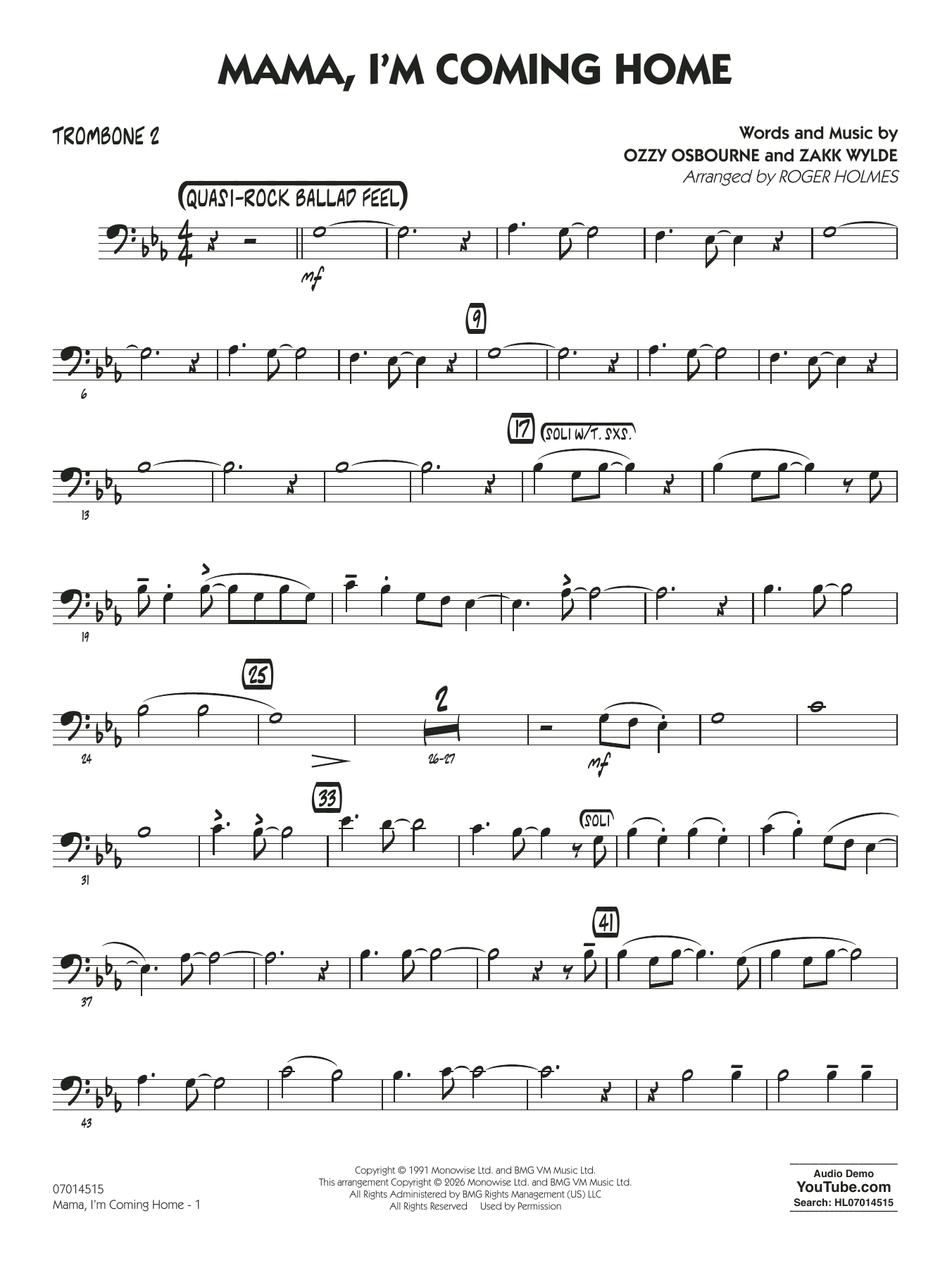 Mama, I'm Coming Home (arr. Roger Holmes) - Trombone 2