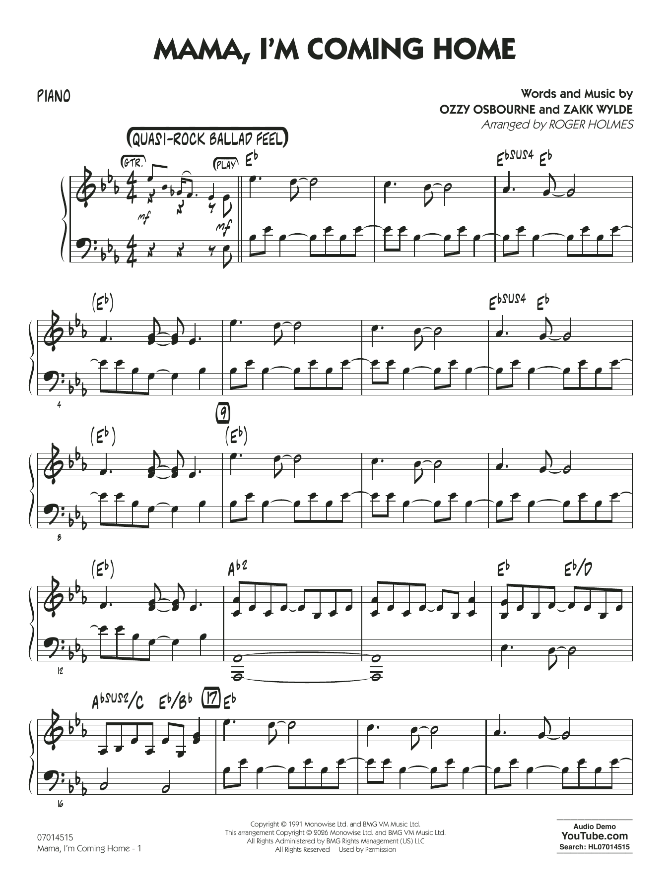 Mama, I'm Coming Home (arr. Roger Holmes) - Piano