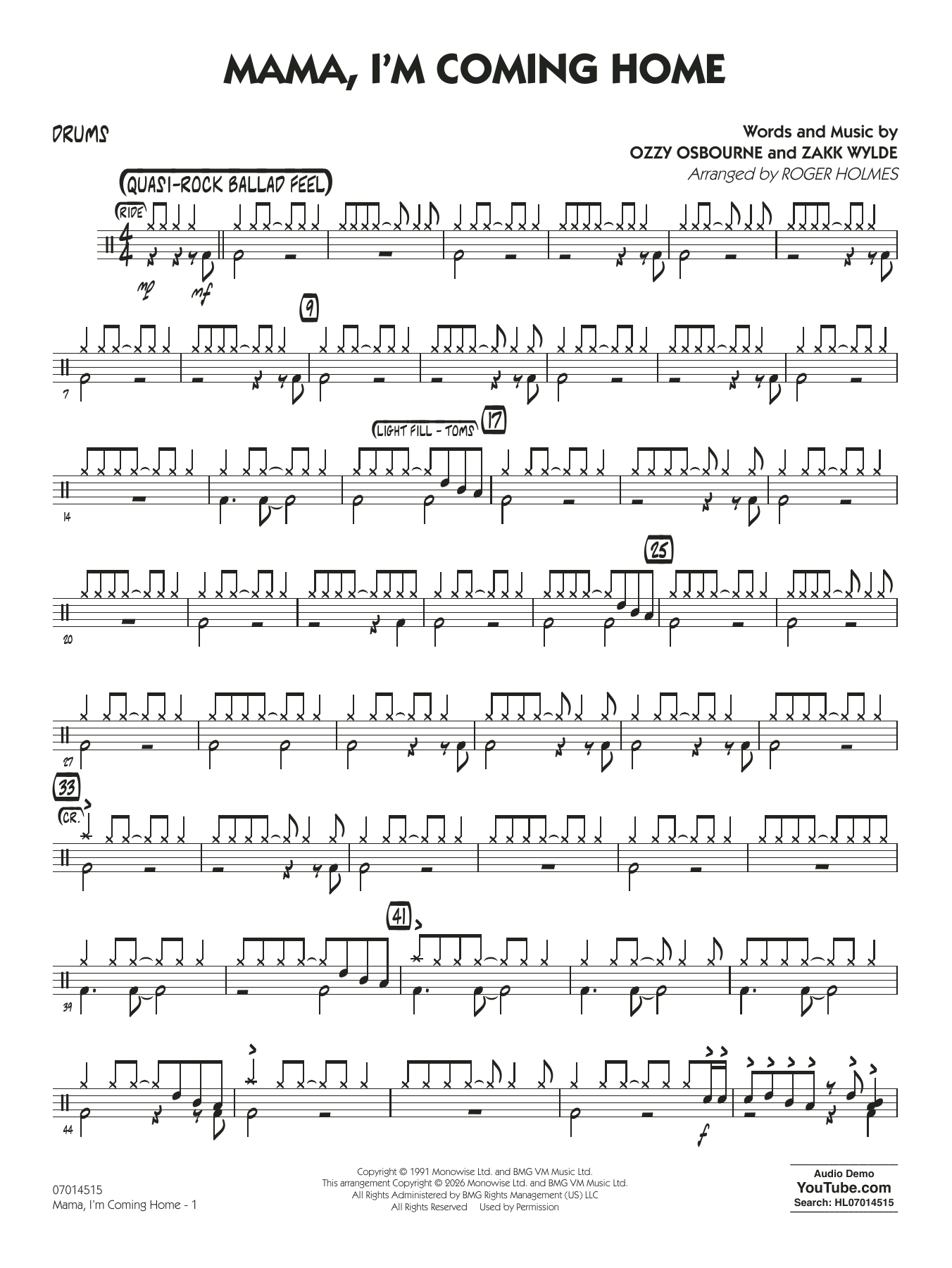 Mama, I'm Coming Home (arr. Roger Holmes) - Drums