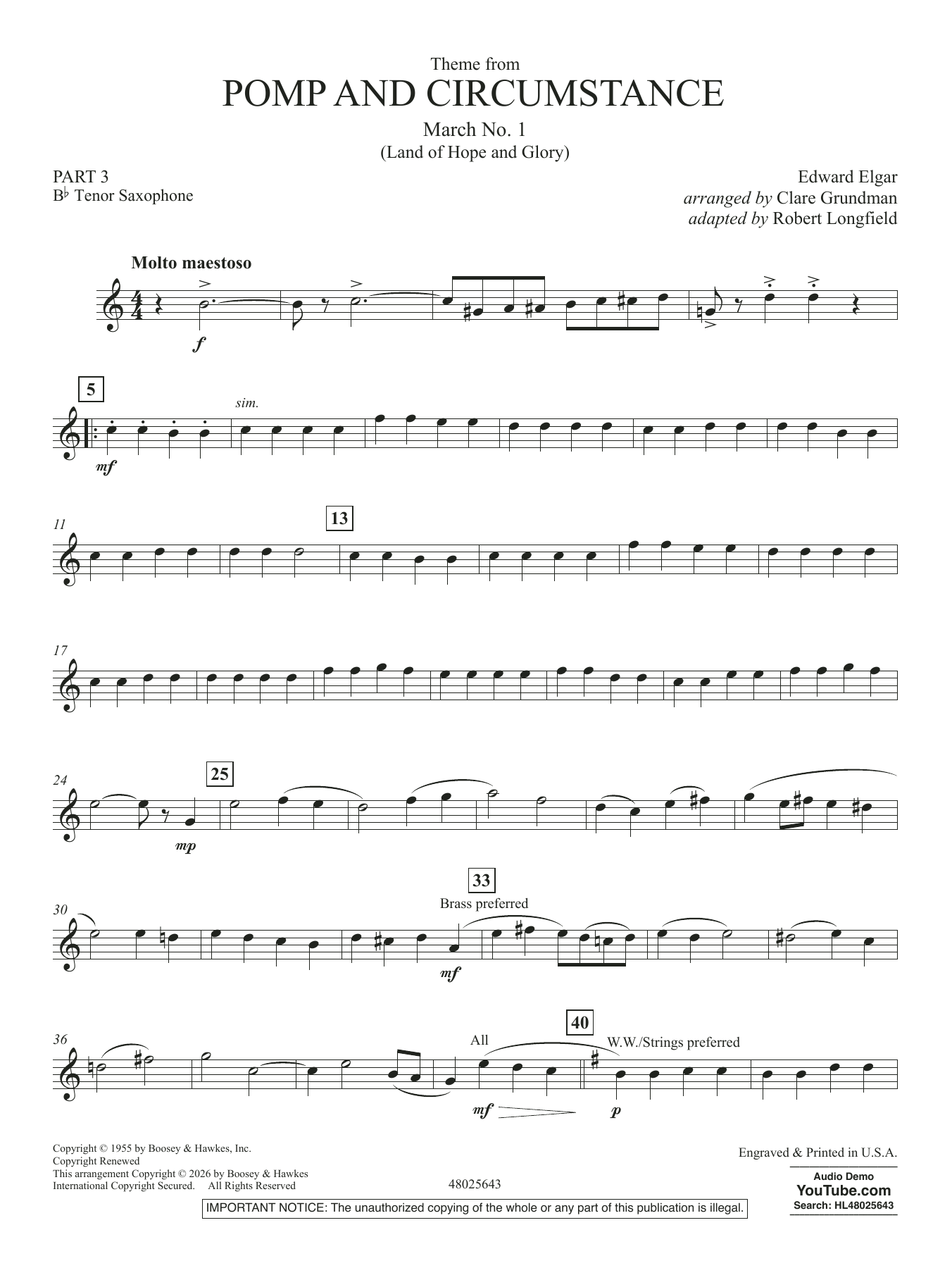 Theme From Pomp And Circumstance March No.1 - Pt.3 - Bb Tenor Saxophone