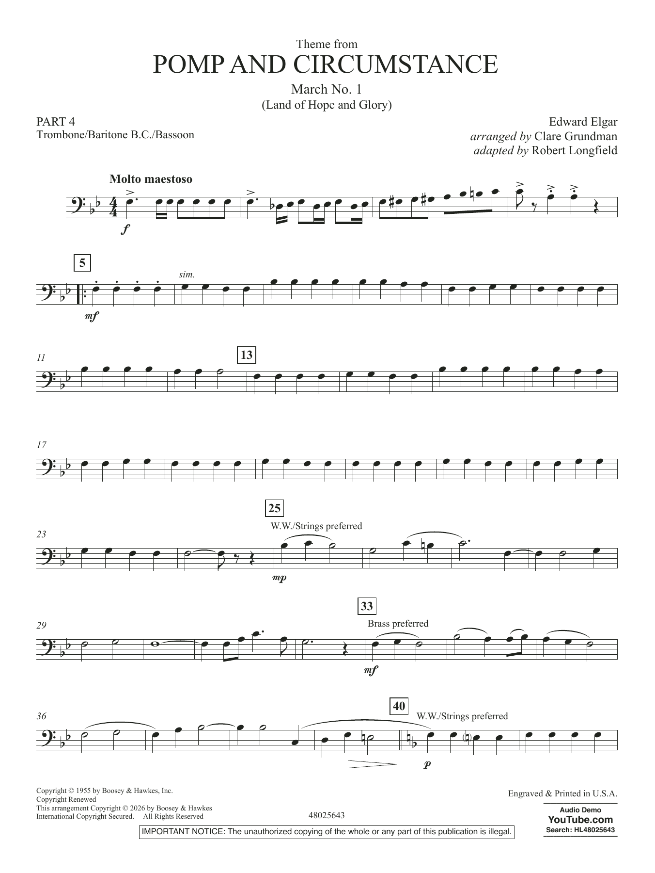 Theme From Pomp And Circumstance March No.1 - Pt.4 - Trombone/Bar. B.C./Bsn.